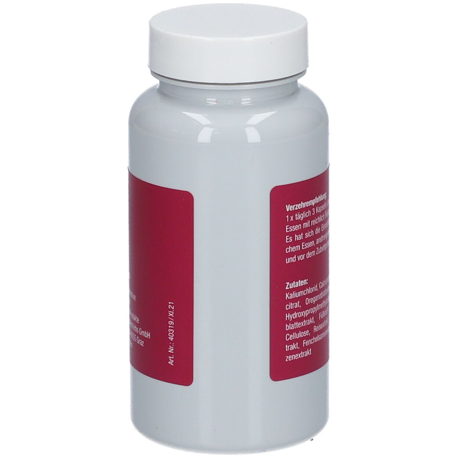 Flacon gris avec bouchon blanc. Étiquette rouge avec texte. Liste des ingrédients et recommandations.
