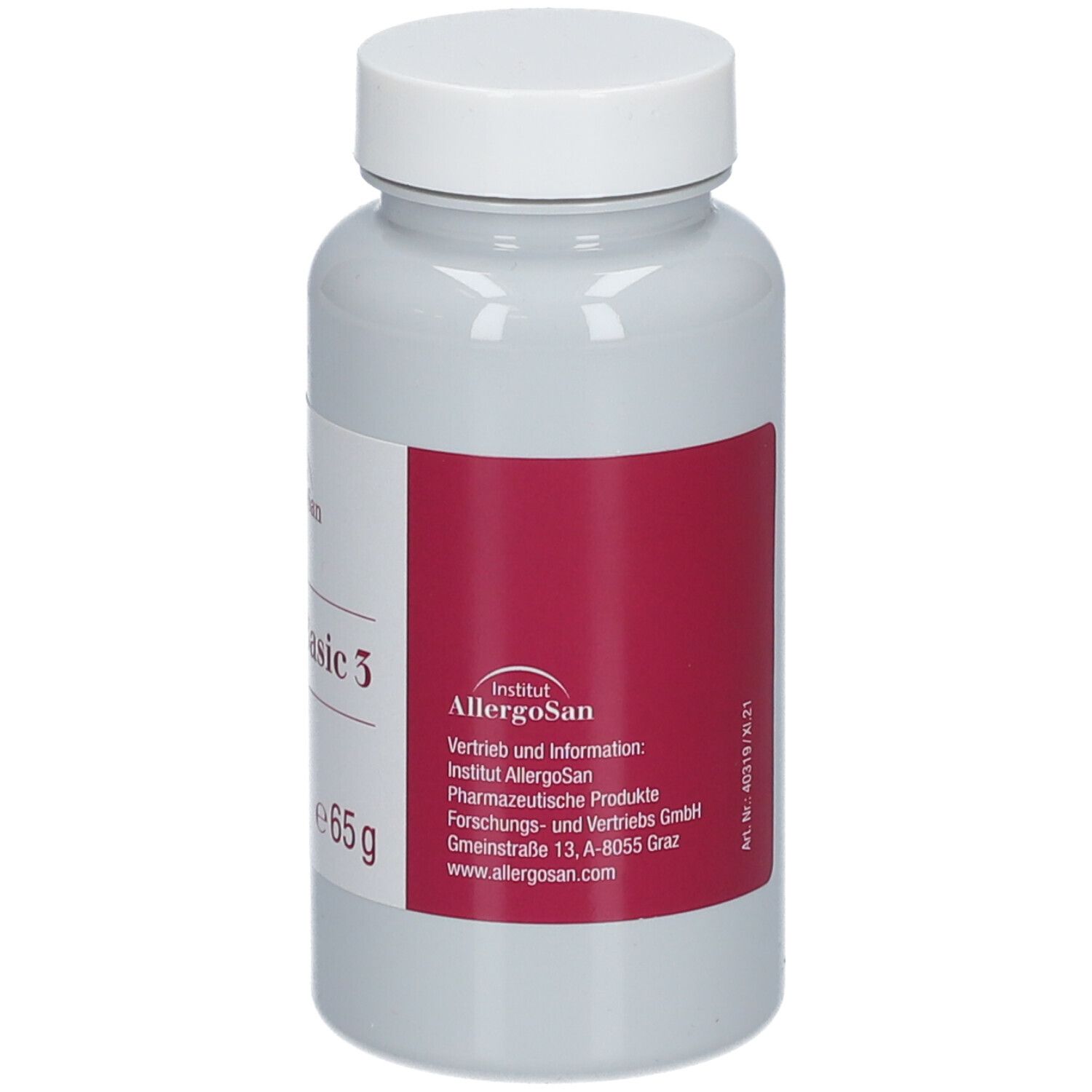 Flacon gris avec bouchon blanc. Étiquette rouge avec texte. Logo Institut Allergosan, coordonnées.