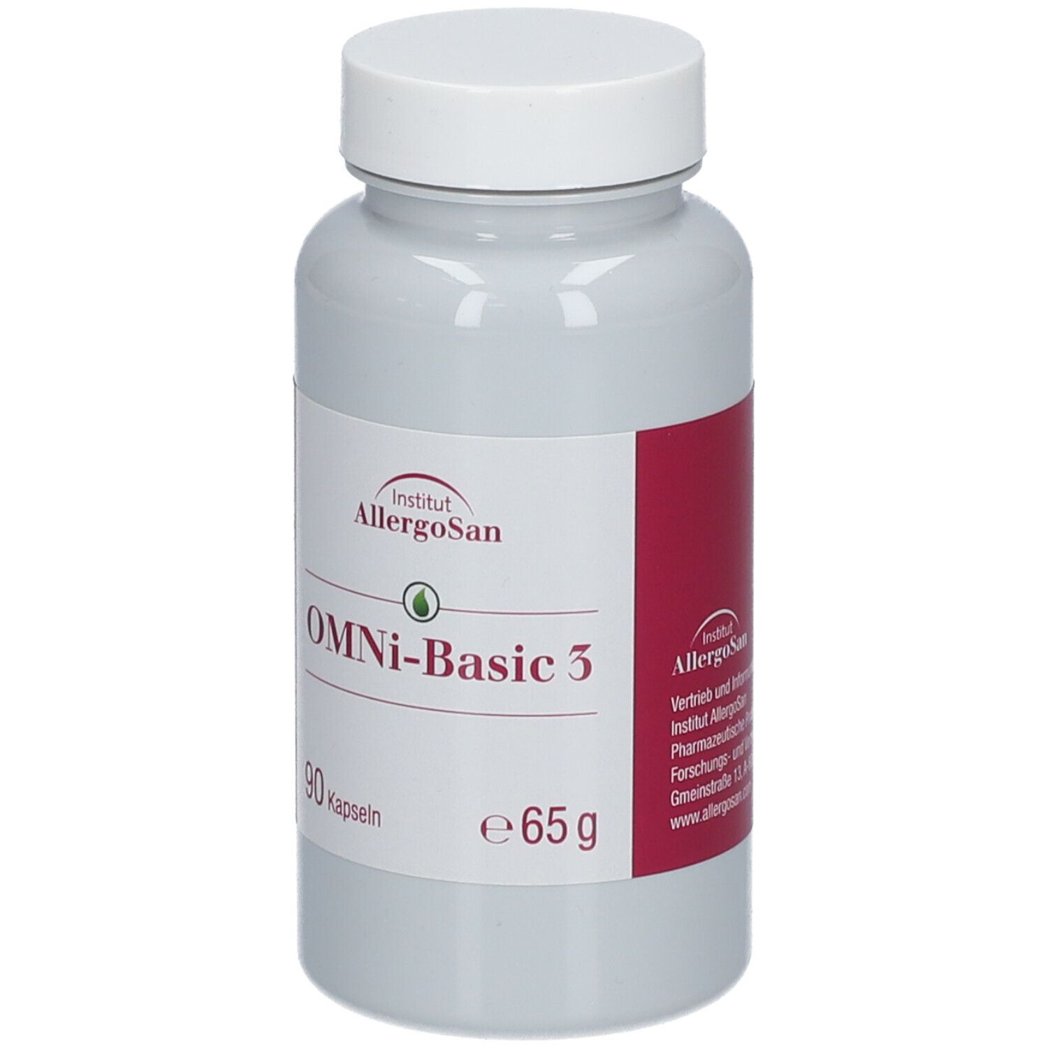 Flacon gris avec bouchon blanc. Inscription OMNi-Basic 3, 90 capsules, e65g. Logo Institut Allergosan.