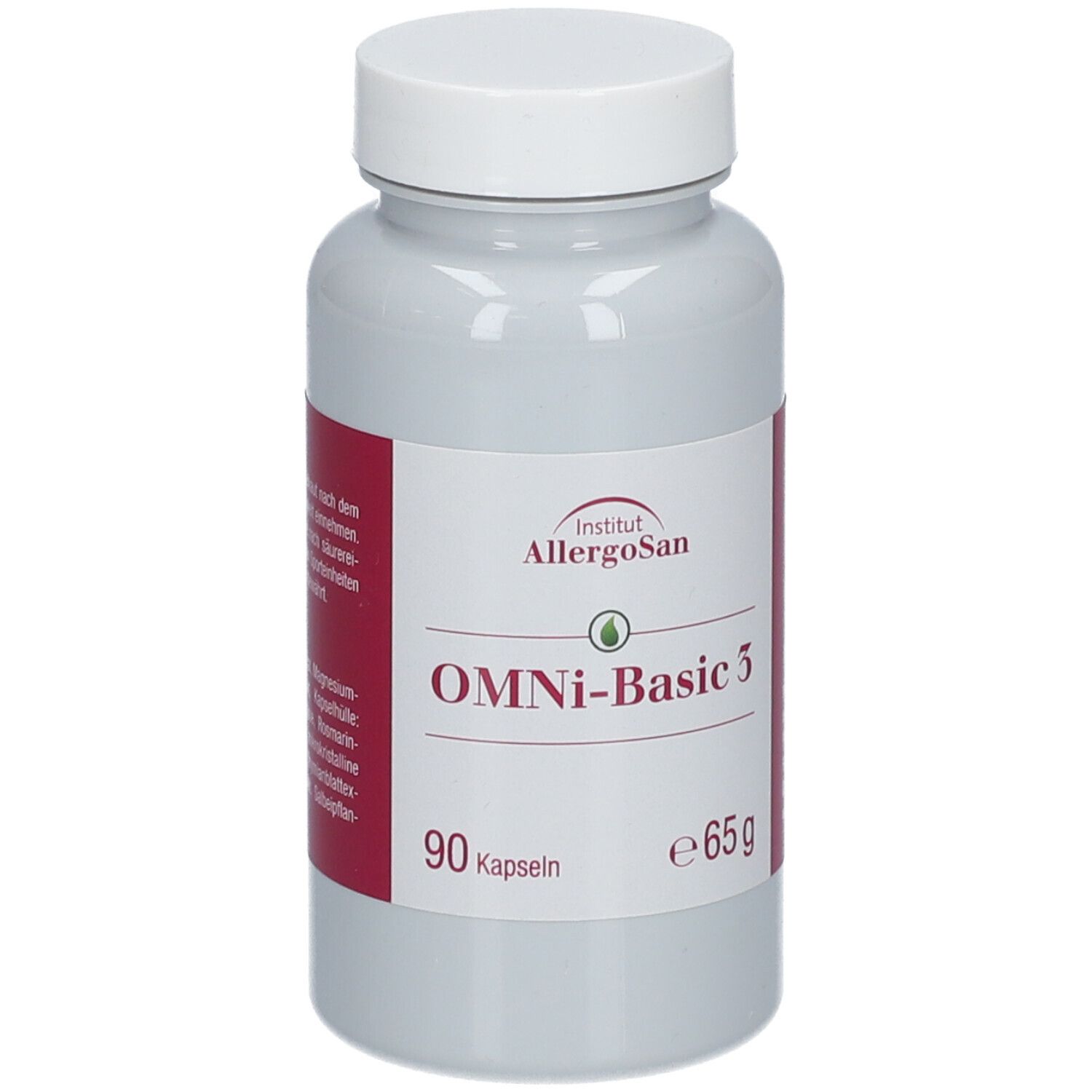 Flacon gris avec bouchon blanc. Inscription OMNi-Basic 3, 90 capsules, e65g. Logo Institut Allergosan.