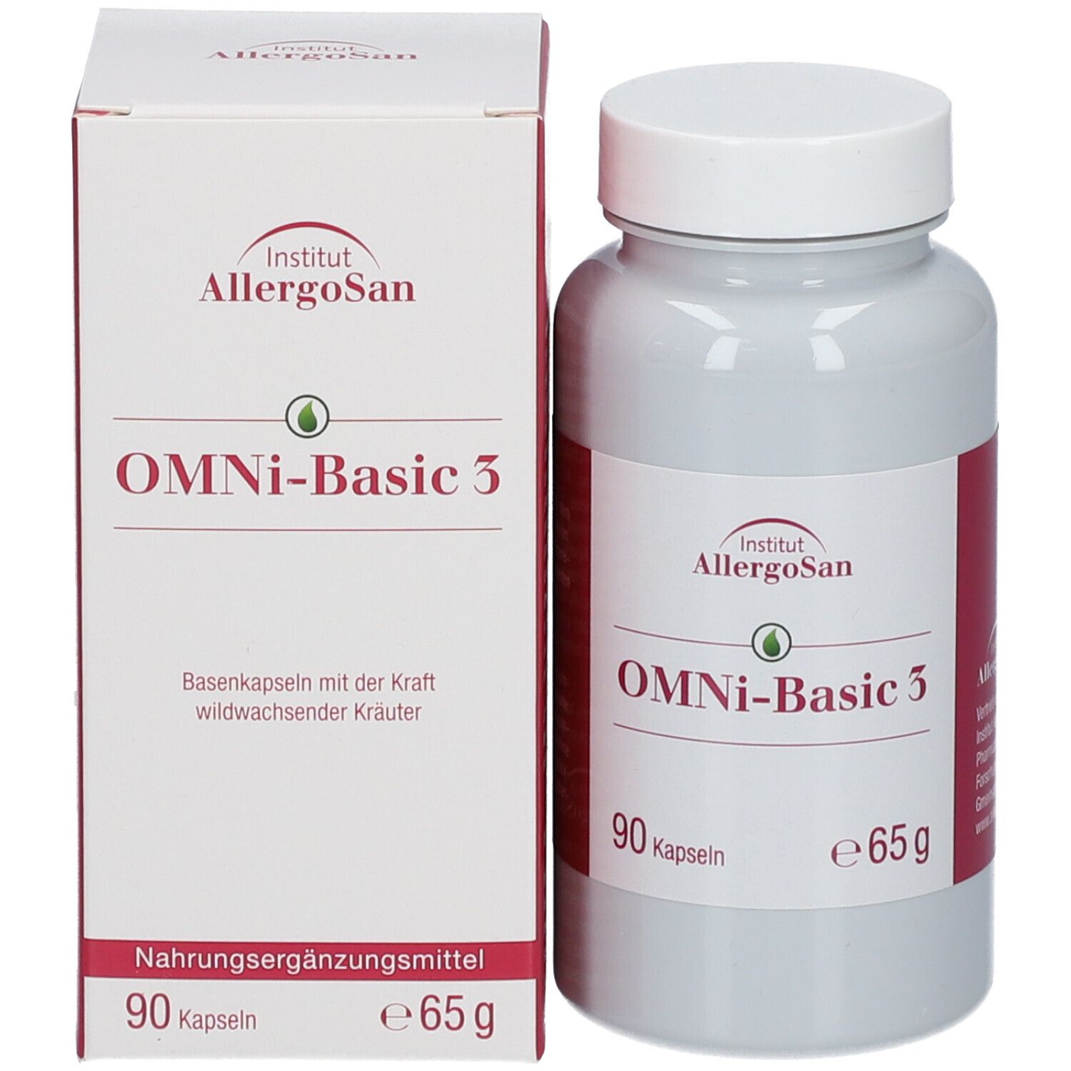 Flacon et boîte. Inscription OMNi-Basic 3, 90 capsules, e65g. Logo Institut Allergosan. Complément alimentaire.