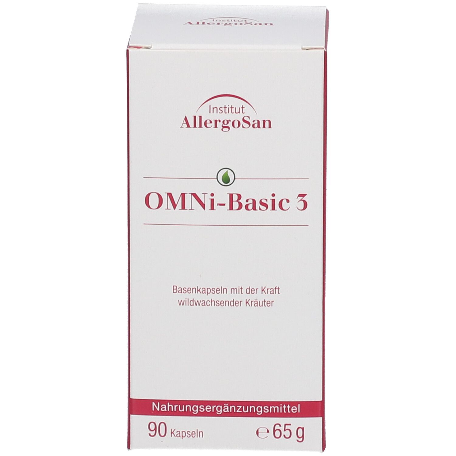 Boîte blanche. Inscription OMNi-Basic 3, 90 capsules, e65g. Logo Institut Allergosan. Complément alimentaire.
