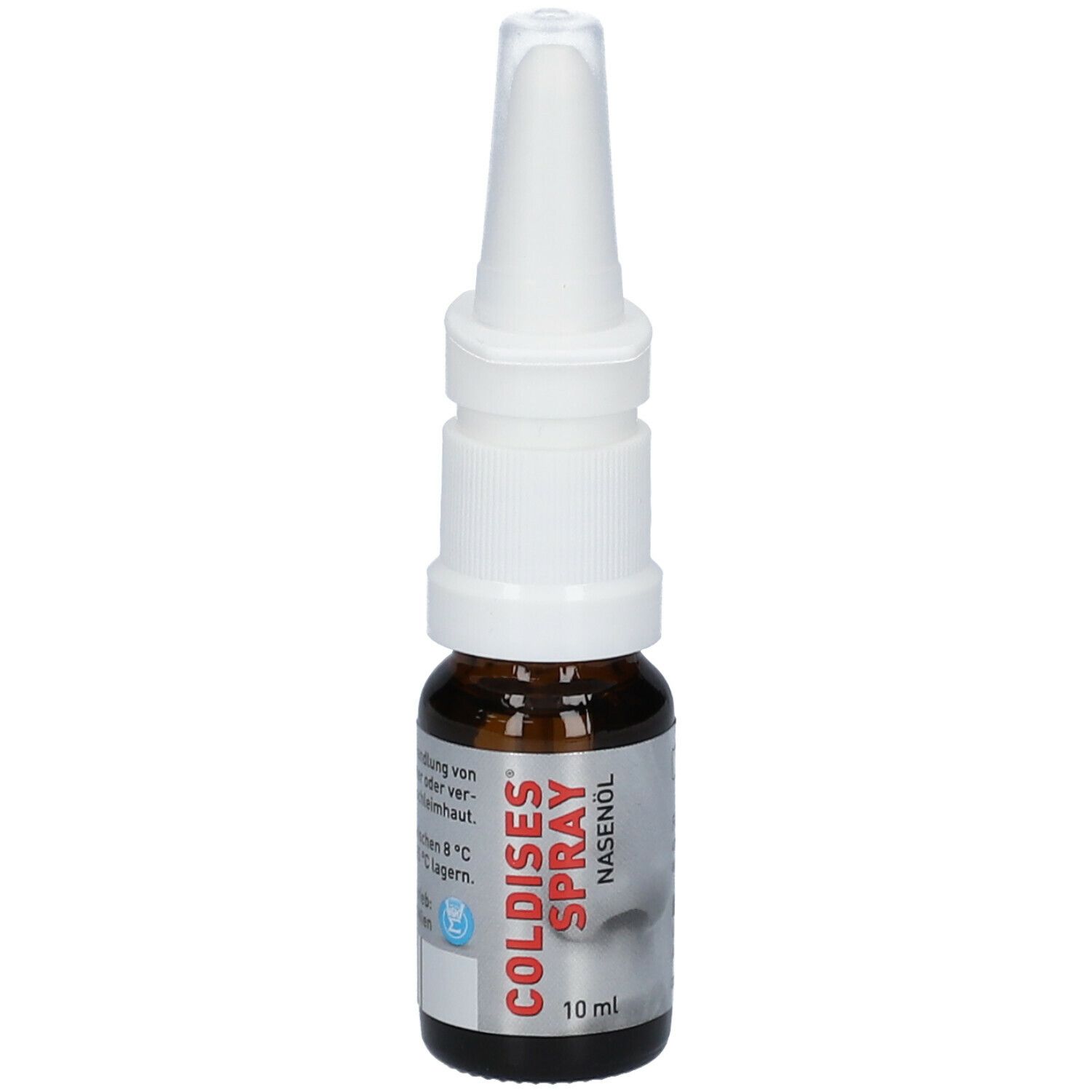 Braune Glasflasche mit weißem Sprühkopf. Beschriftung: COLDISES Spray Nasenöl, 10 ml.