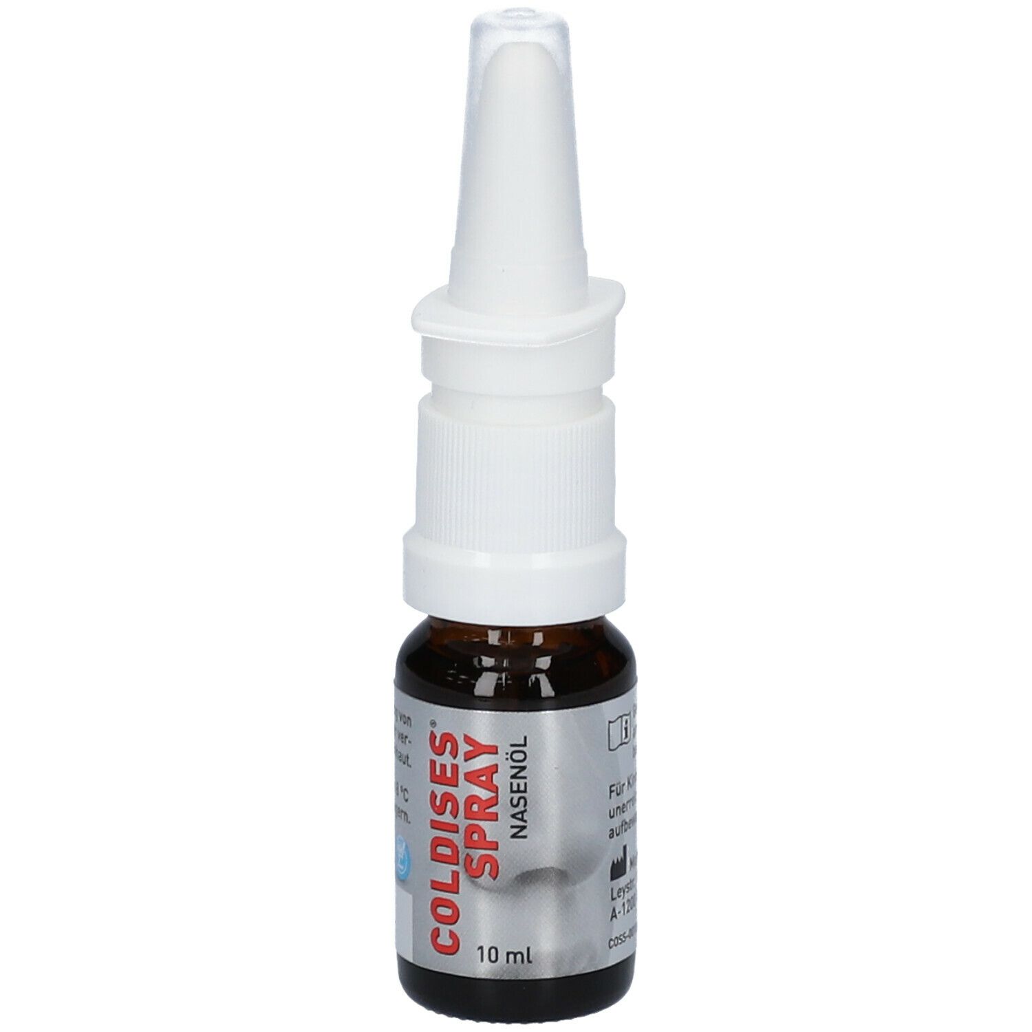Braune Glasflasche mit weißem Sprühkopf. Beschriftung: COLDISES Spray Nasenöl, 10 ml.