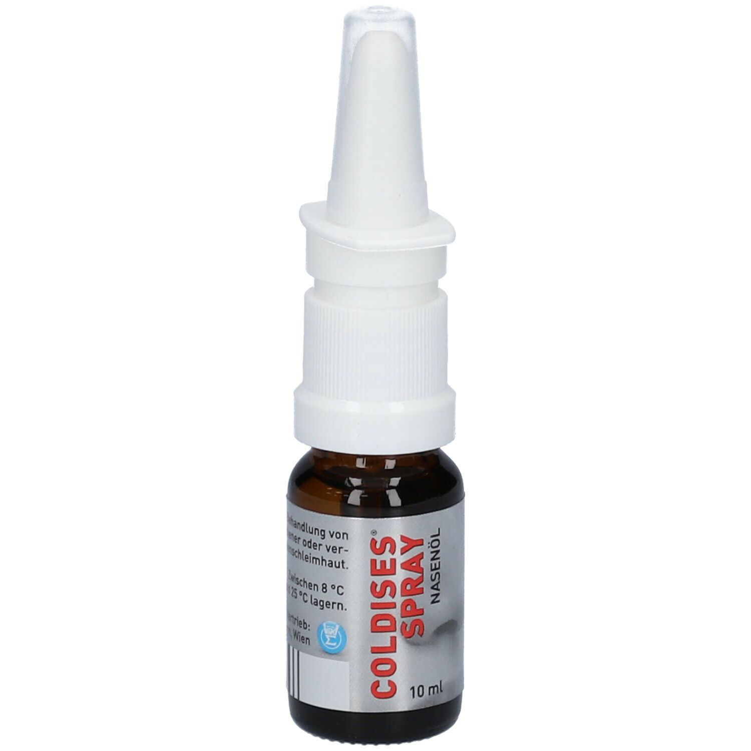 Braune Glasflasche mit weißem Sprühkopf. Beschriftung: COLDISES Spray Nasenöl, 10 ml.