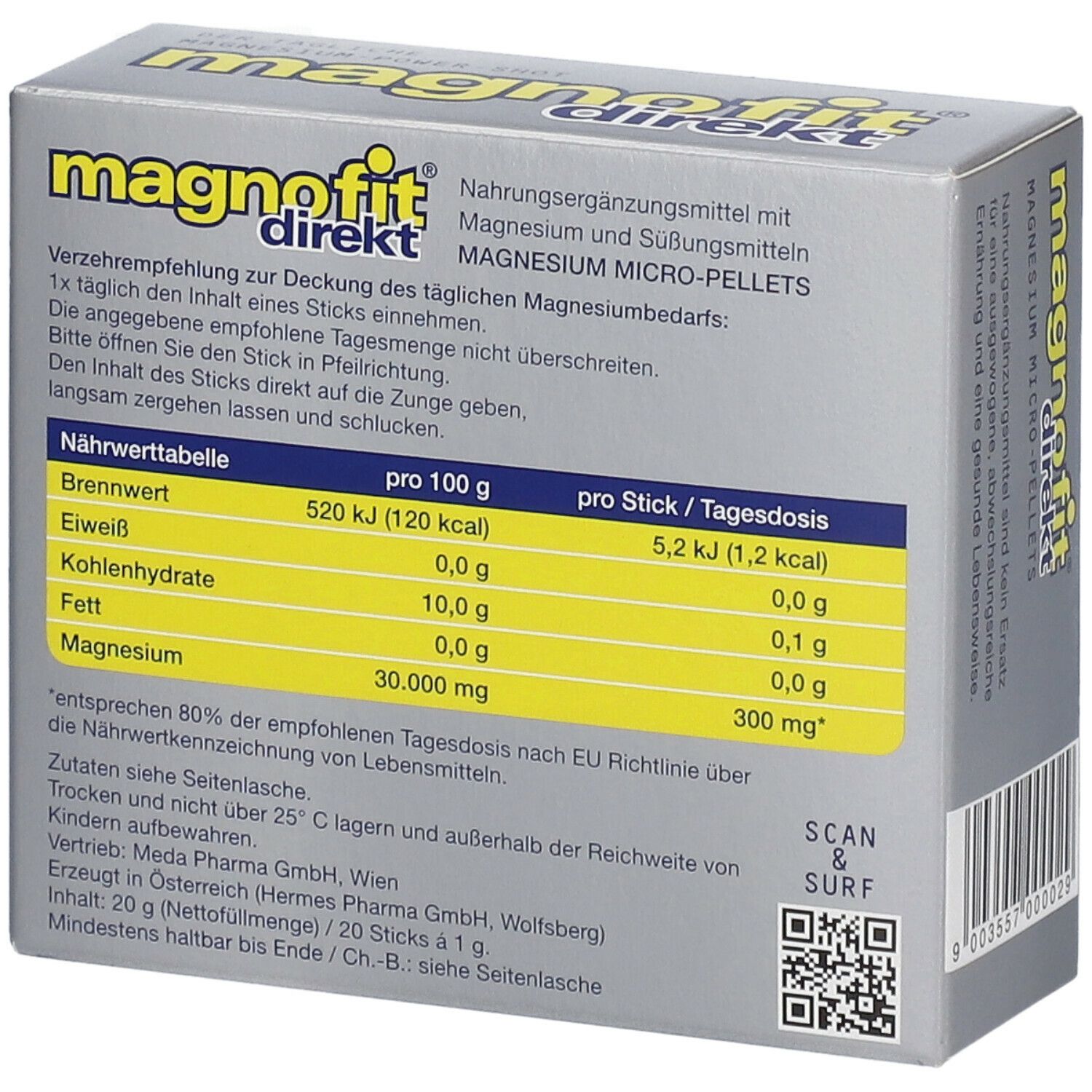 Schachtel mit magnofit® direkt. Nährwerttabelle mit Angaben zu Brennwert, Kohlenhydrate, Fett und Magnesium. Enthält 20 Sticks.