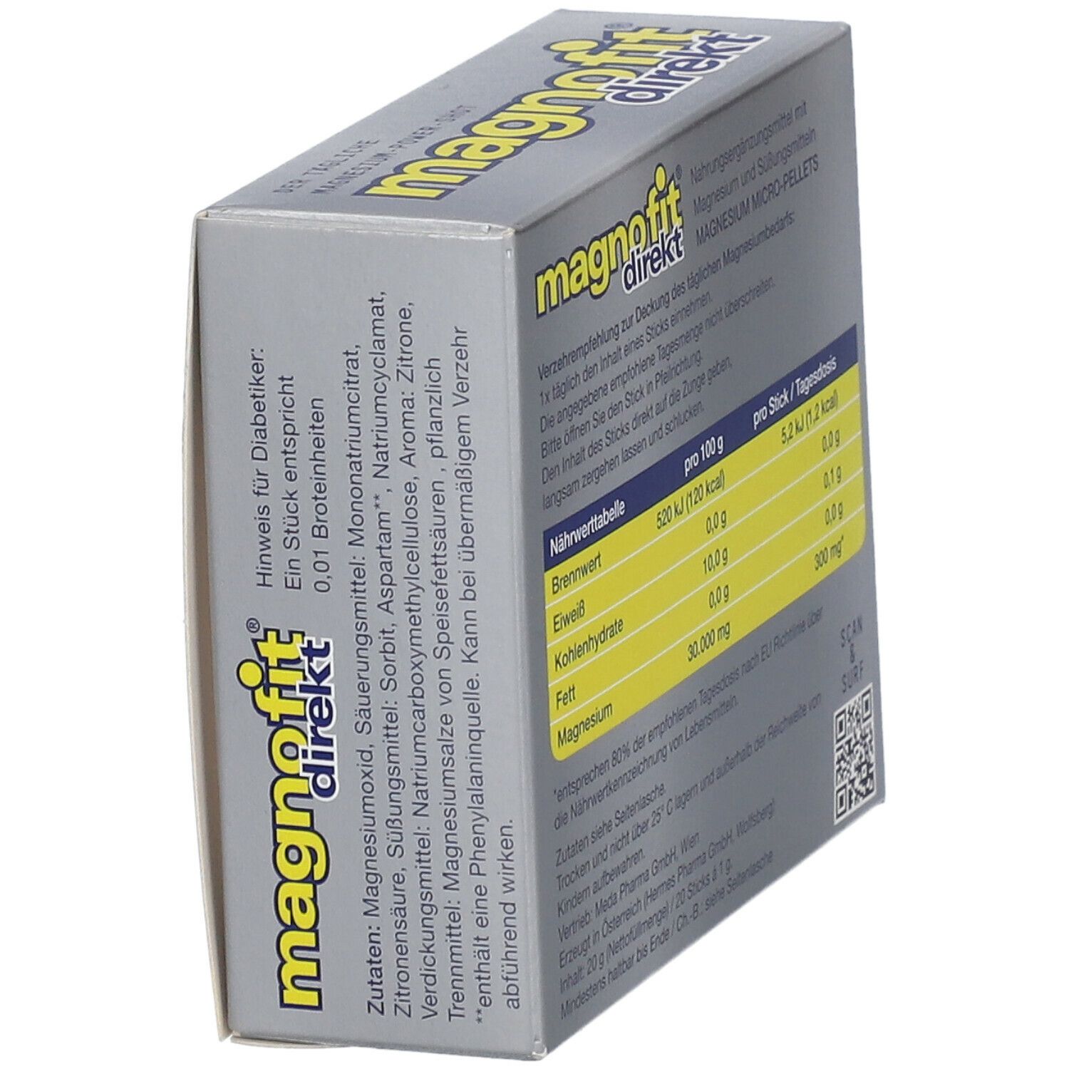 Schachtel mit magnofit® direkt. Aufdruck mit Zutaten, Nährwerttabelle und Warnhinweisen. Graue Verpackung mit gelben Akzenten.