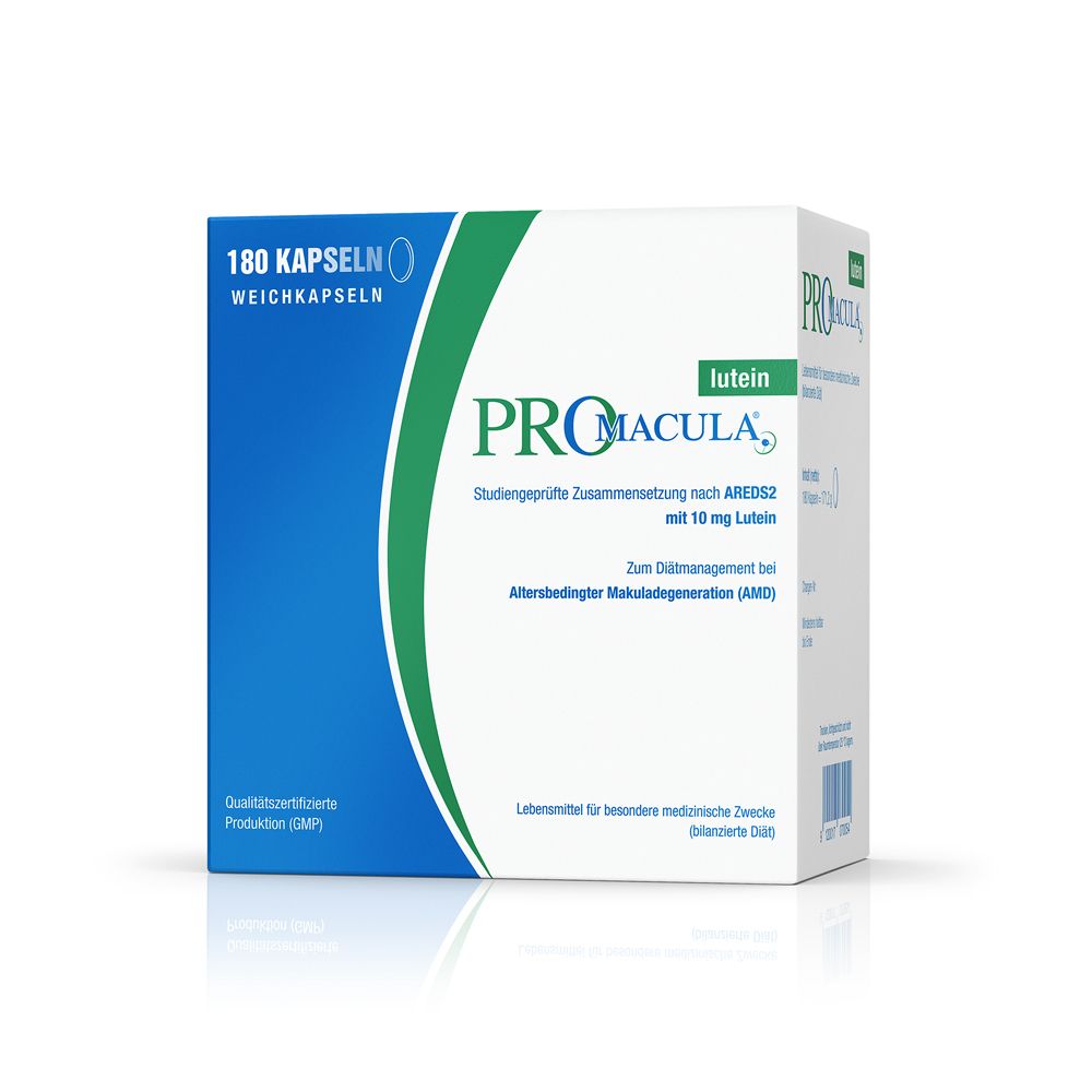 PROmacula®-Verpackung. Blaue und weiße Schachtel mit grünen Akzenten. Enthält 180 Kapseln. Lutein-Zusammensetzung.