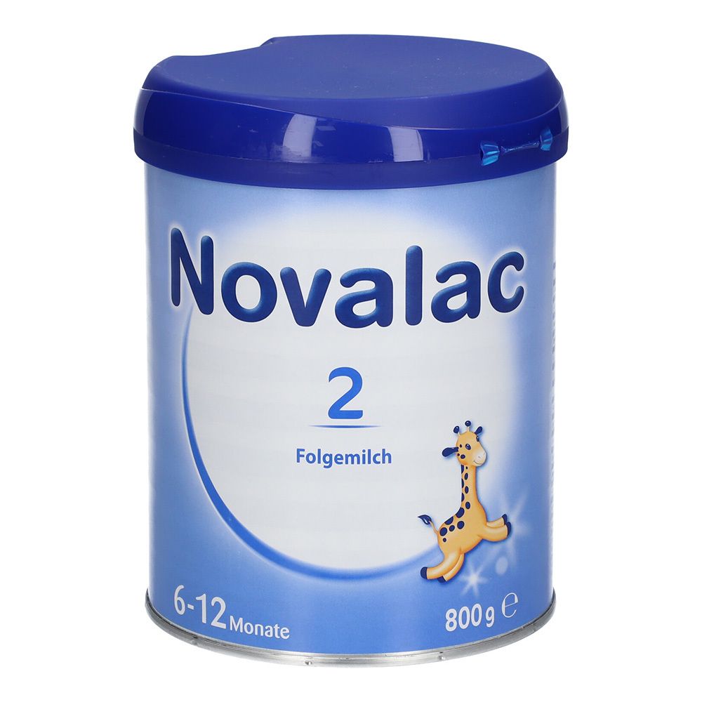 Novalac 2 Folgemilch-Dose. Blaue Dose mit Deckel, Aufschrift und Giraffen-Illustration. Für Babys ab 6 Monaten.