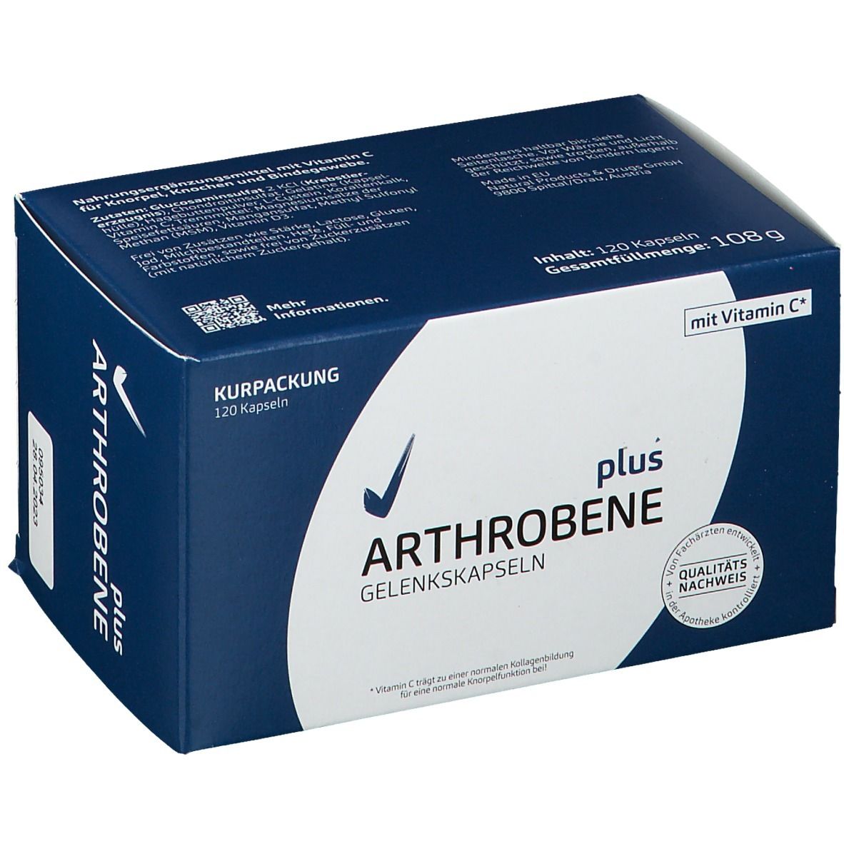 Blau-weiße Schachtel mit Arthrobene plus Gelenkskapseln. Enthält 120 Kapseln. Mit Vitamin C. Qualitätsnachweis.