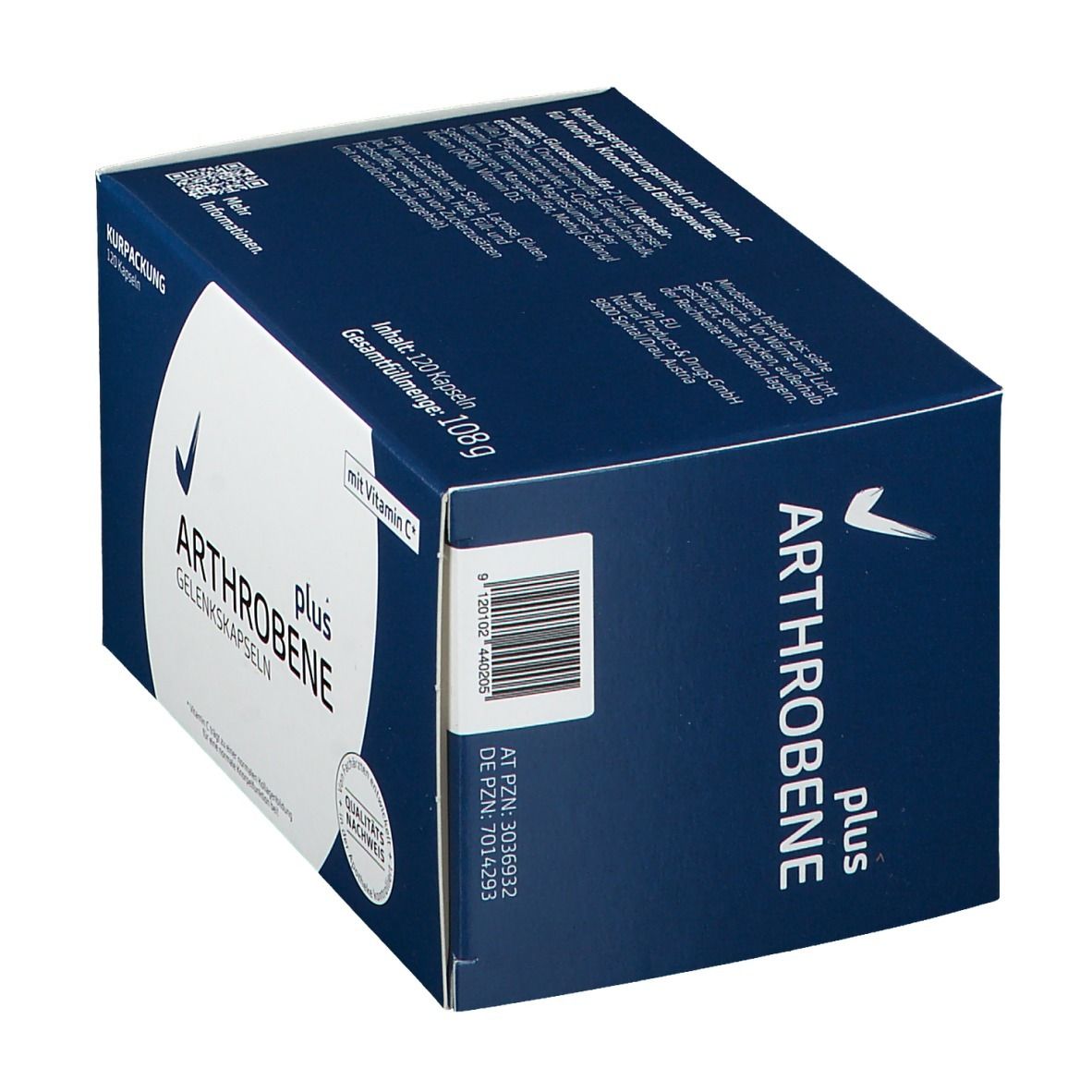 Arthrobene plus Gelenkskapseln-Verpackung. Blaue Schachtel mit weißer Schrift. 120 Kapseln. Mit Vitamin C.