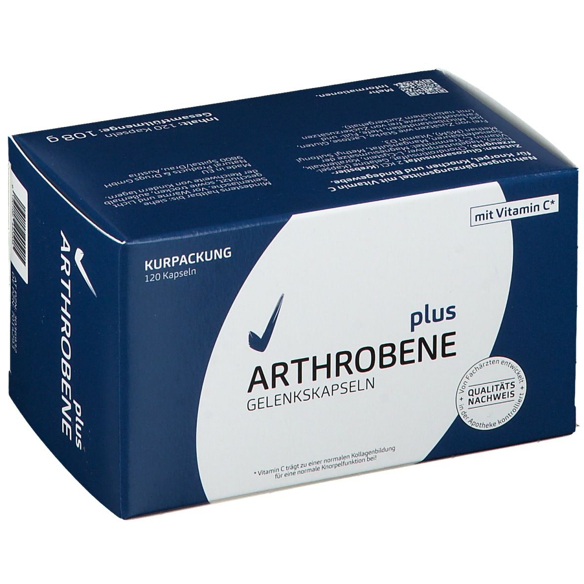 Arthrobene plus Gelenkskapseln-Verpackung. Blaue Schachtel mit weißer Schrift. 120 Kapseln. Mit Vitamin C.