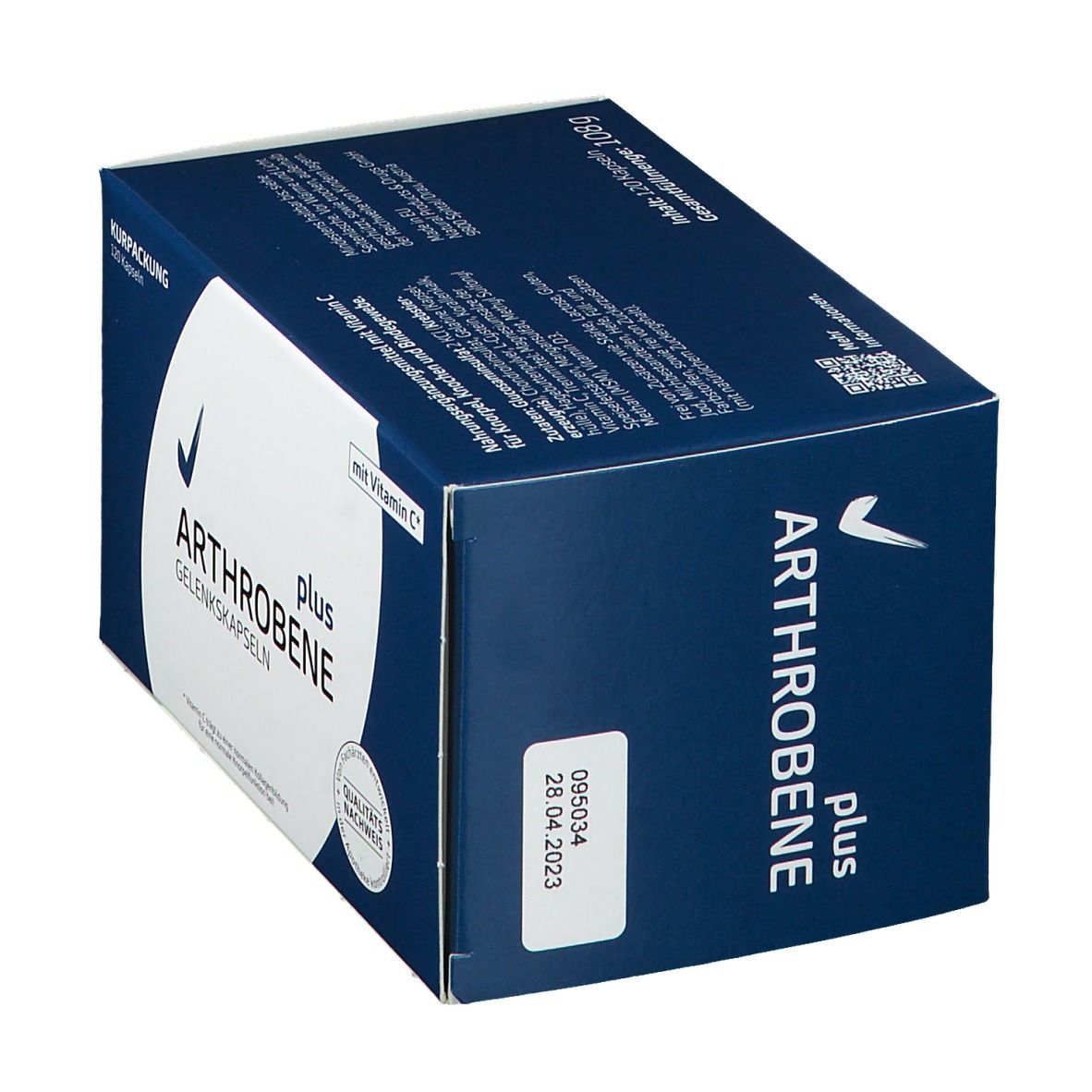 Arthrobene plus Gelenkskapseln-Verpackung. Blaue Schachtel mit weißer Schrift. 120 Kapseln. Mit Vitamin C.