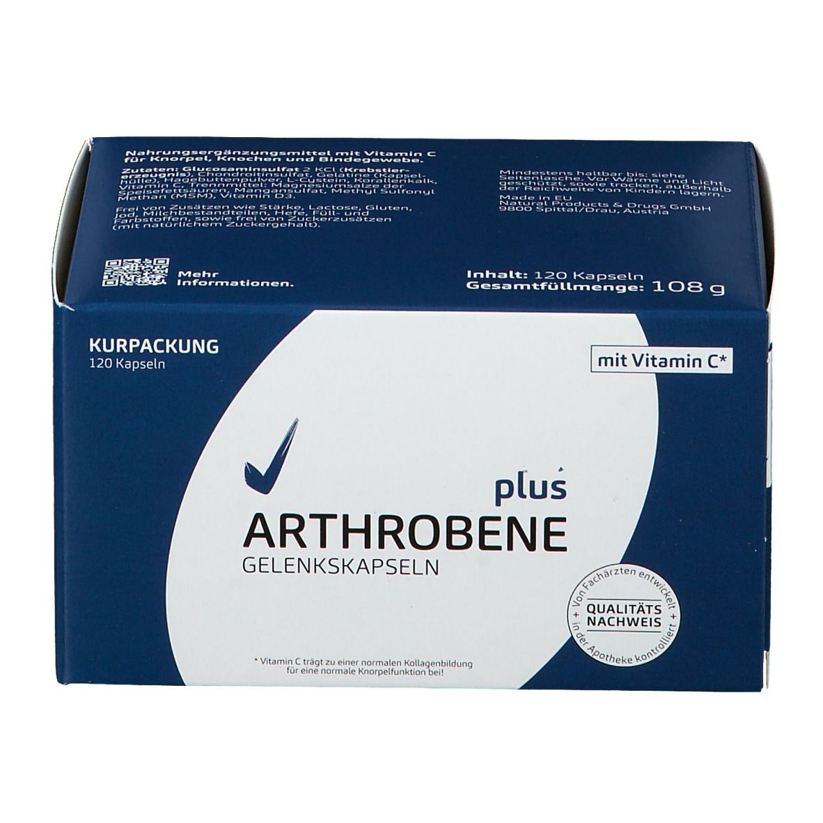 Arthrobene plus Gelenkskapseln-Verpackung. Blaue Schachtel mit weißer Schrift. 120 Kapseln. Mit Vitamin C.