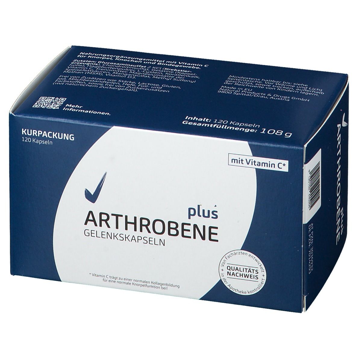 Arthrobene plus Gelenkskapseln-Verpackung. Blaue Schachtel mit weißer Schrift. 120 Kapseln. Mit Vitamin C.
