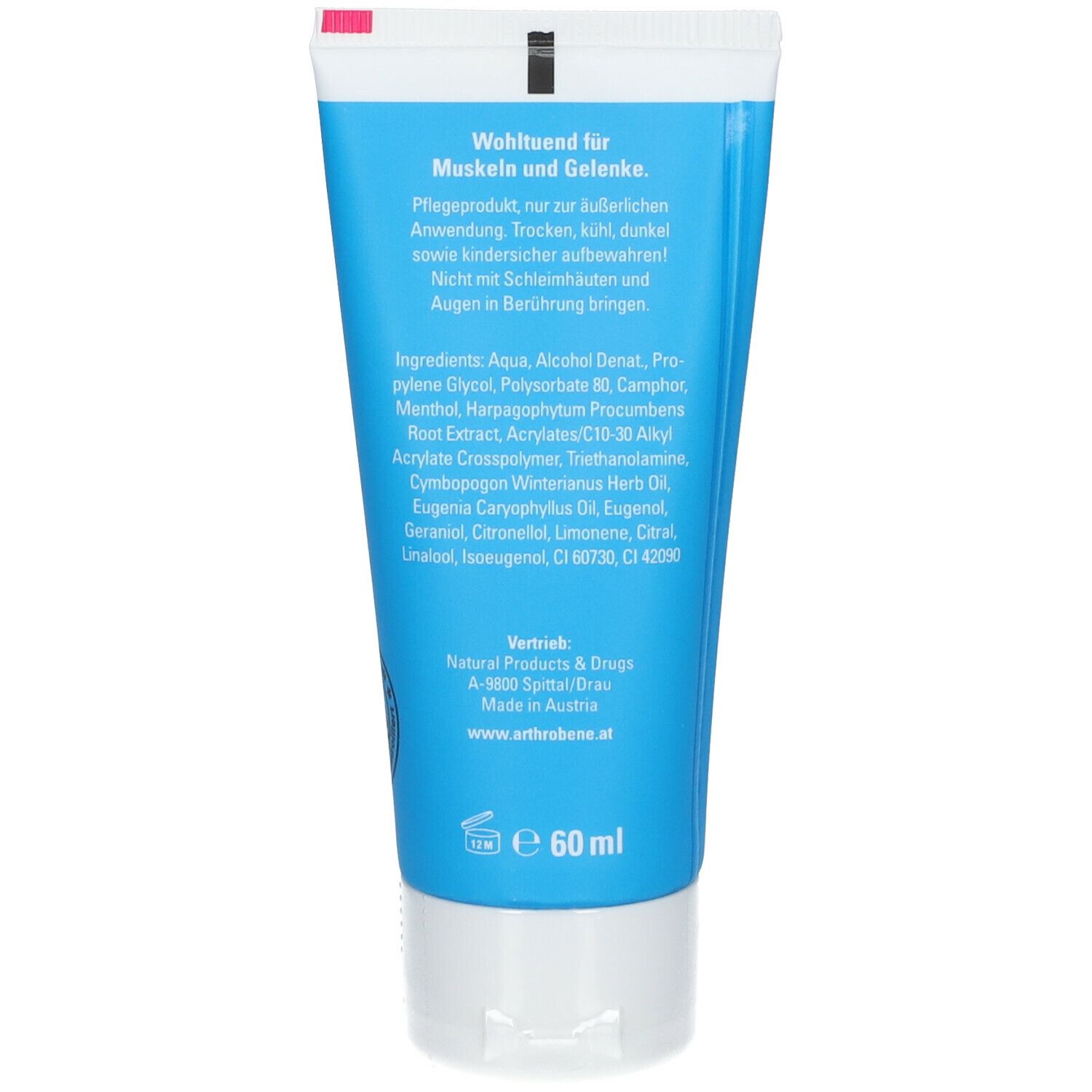 Rückseite der blauen Tube Arthrobene Gelenksgel. Enthält Inhaltsstoffe und Herstellerinformationen. Volumen: 60 ml.