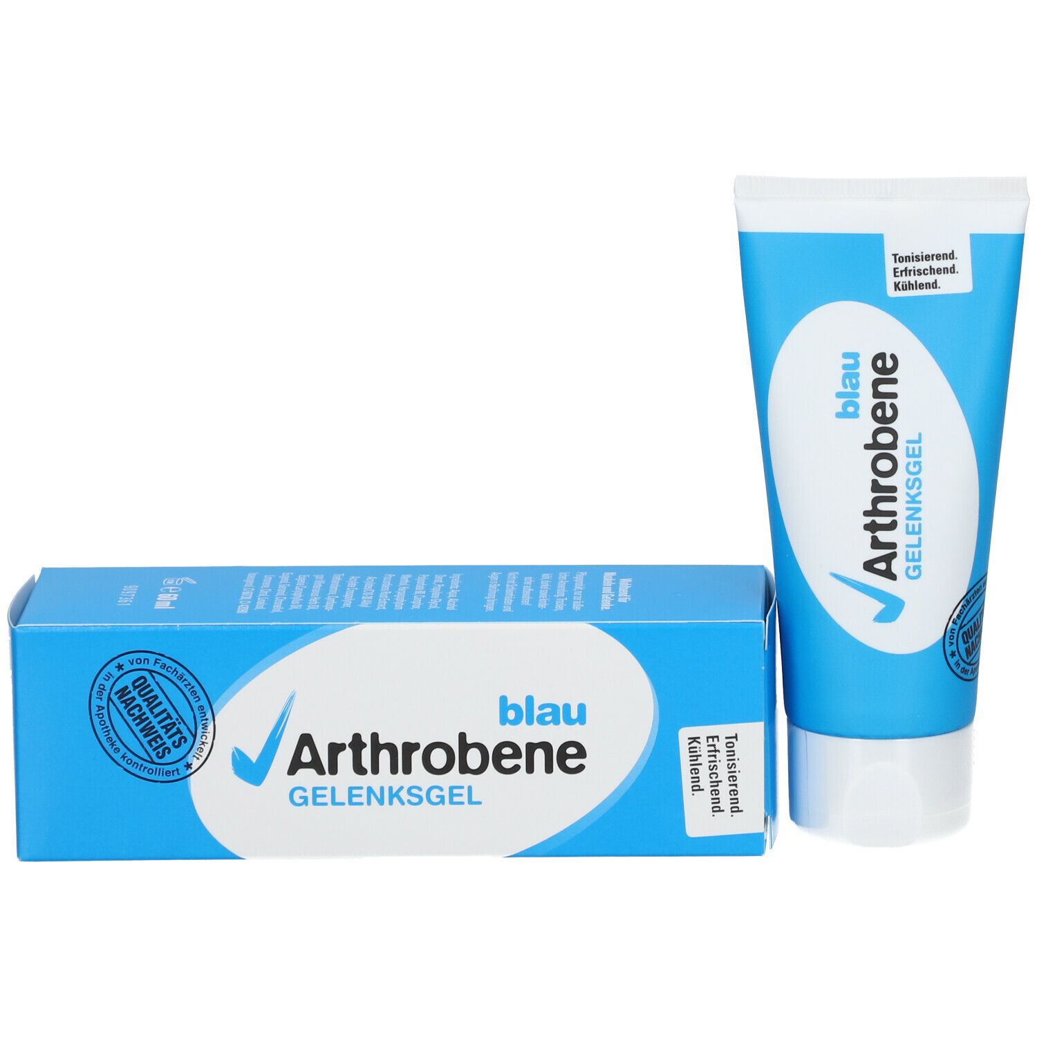 Arthrobene Gelenksgel in Tube und Schachtel. Blaue Schachtel mit Produktnamen und Qualitätsnachweis. Tube daneben.