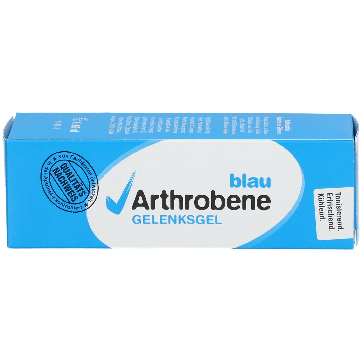 Blaue Schachtel Arthrobene Gelenksgel. Produktname, Qualitätsnachweis und Text: tonisierend, erfrischend, kühlend.