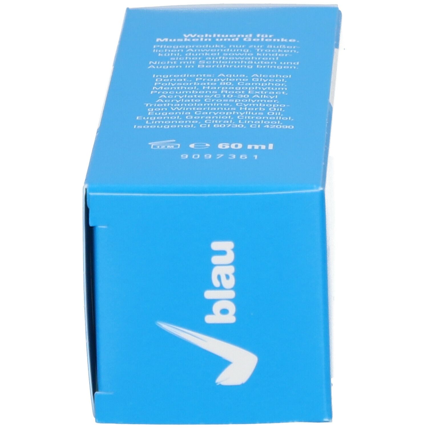 Blaue Schachtel Arthrobene Gelenksgel. Seitenansicht mit Produktnamen und Inhaltsstoffen. Volumen: 60 ml.