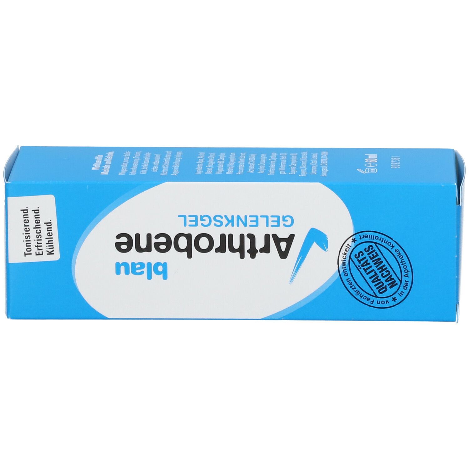 Blaue Schachtel Arthrobene Gelenksgel. Produktname, Qualitätsnachweis und Text: tonisierend, erfrischend, kühlend.