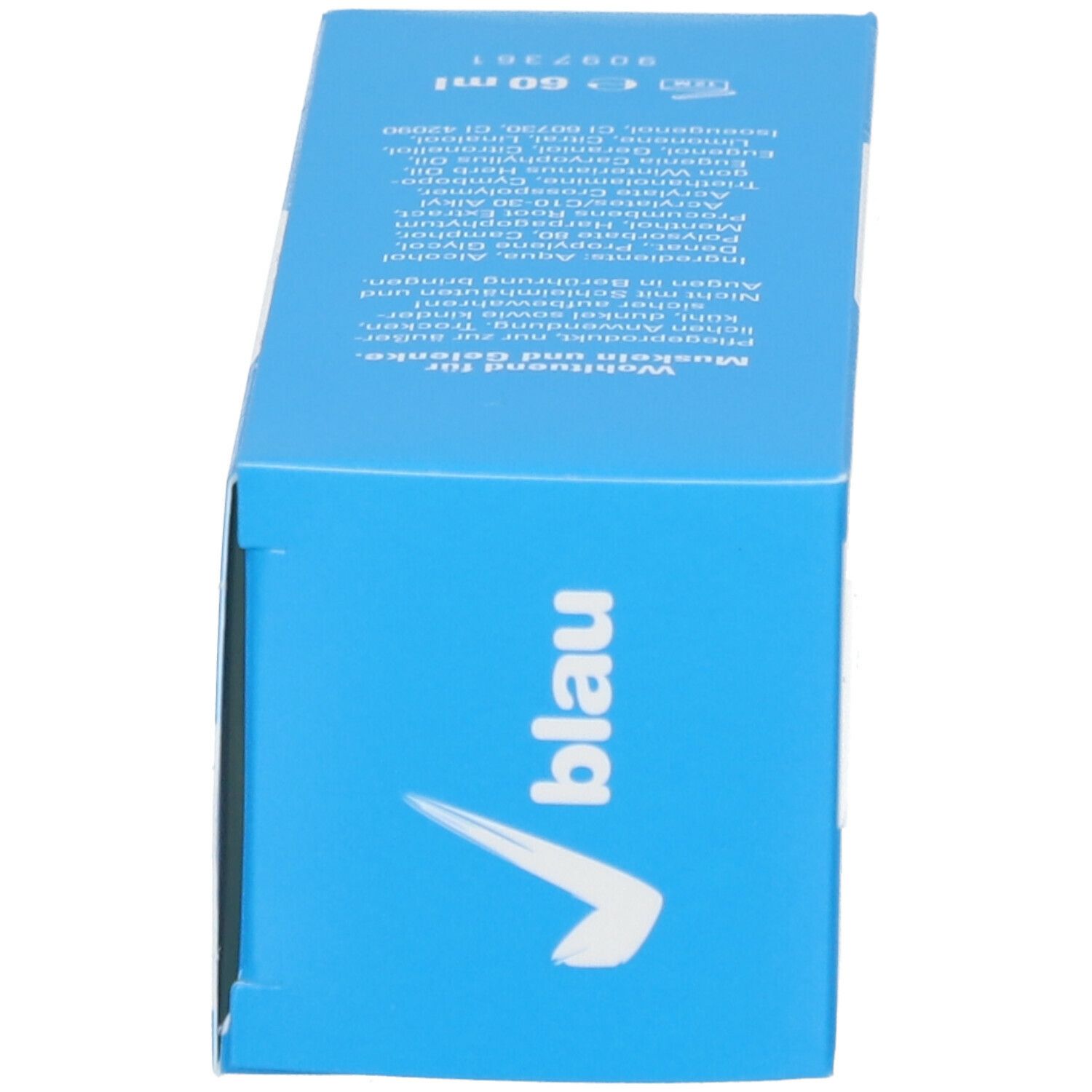 Blaue Schachtel Arthrobene Gelenksgel. Seitenansicht mit Inhaltsstoffen und Volumenangabe: 60 ml.