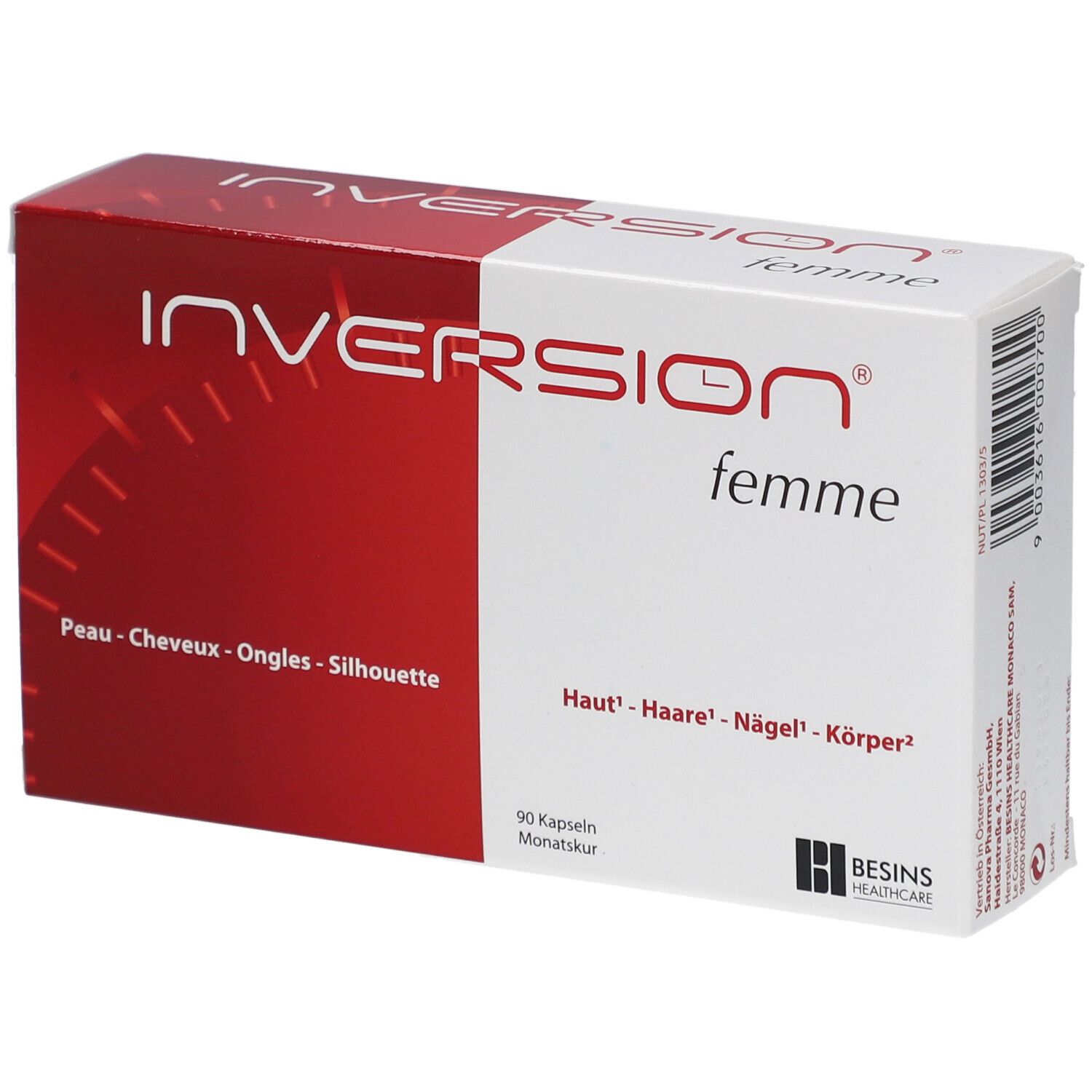 Schachtel INVERSION® femme. Rot-weiße Verpackung mit Produktnamen und Logo. Enthält 90 Kapseln.