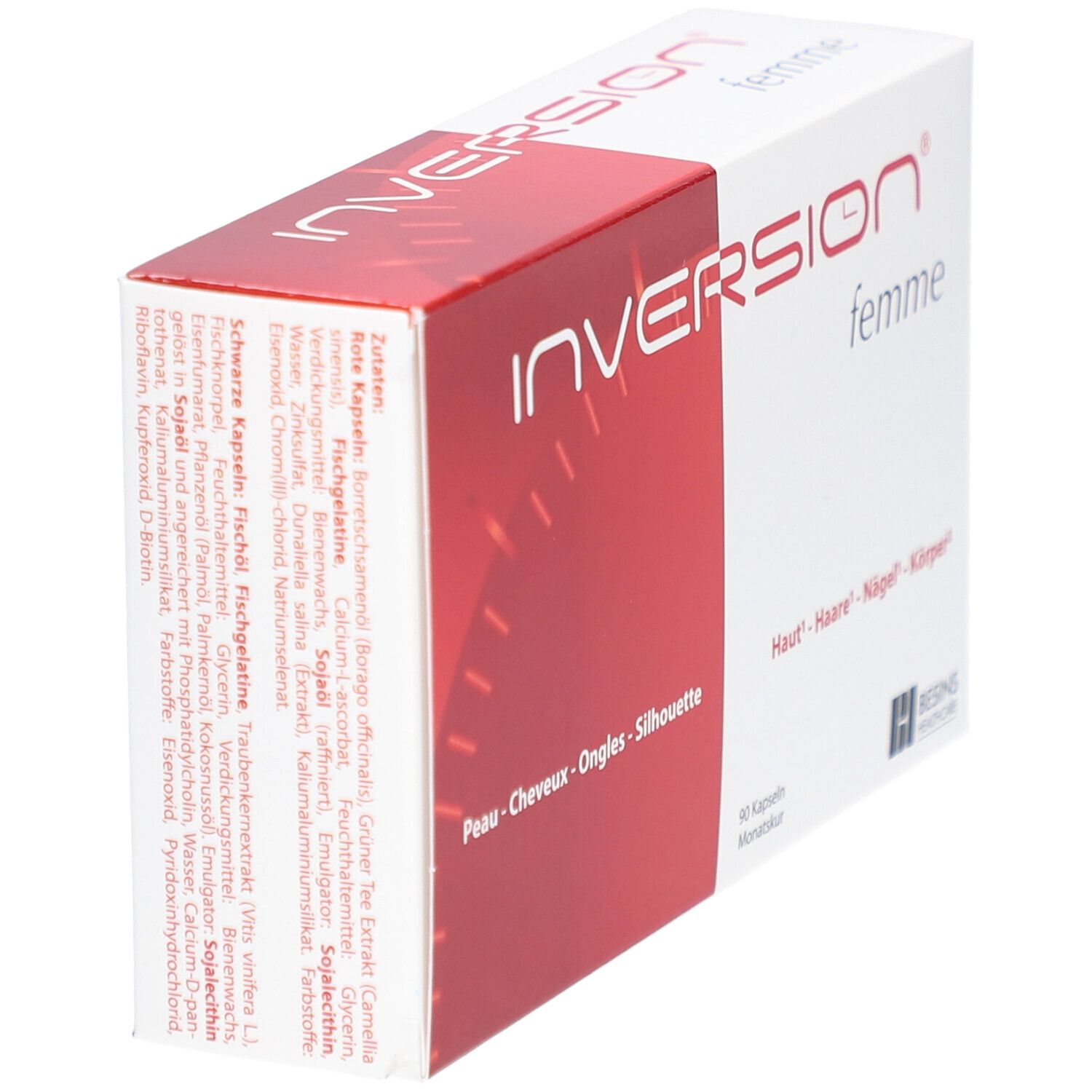 Schachtel INVERSION® femme. Rote und weiße Verpackung. Produktname und Logo sichtbar. Zutatenliste aufgedruckt.