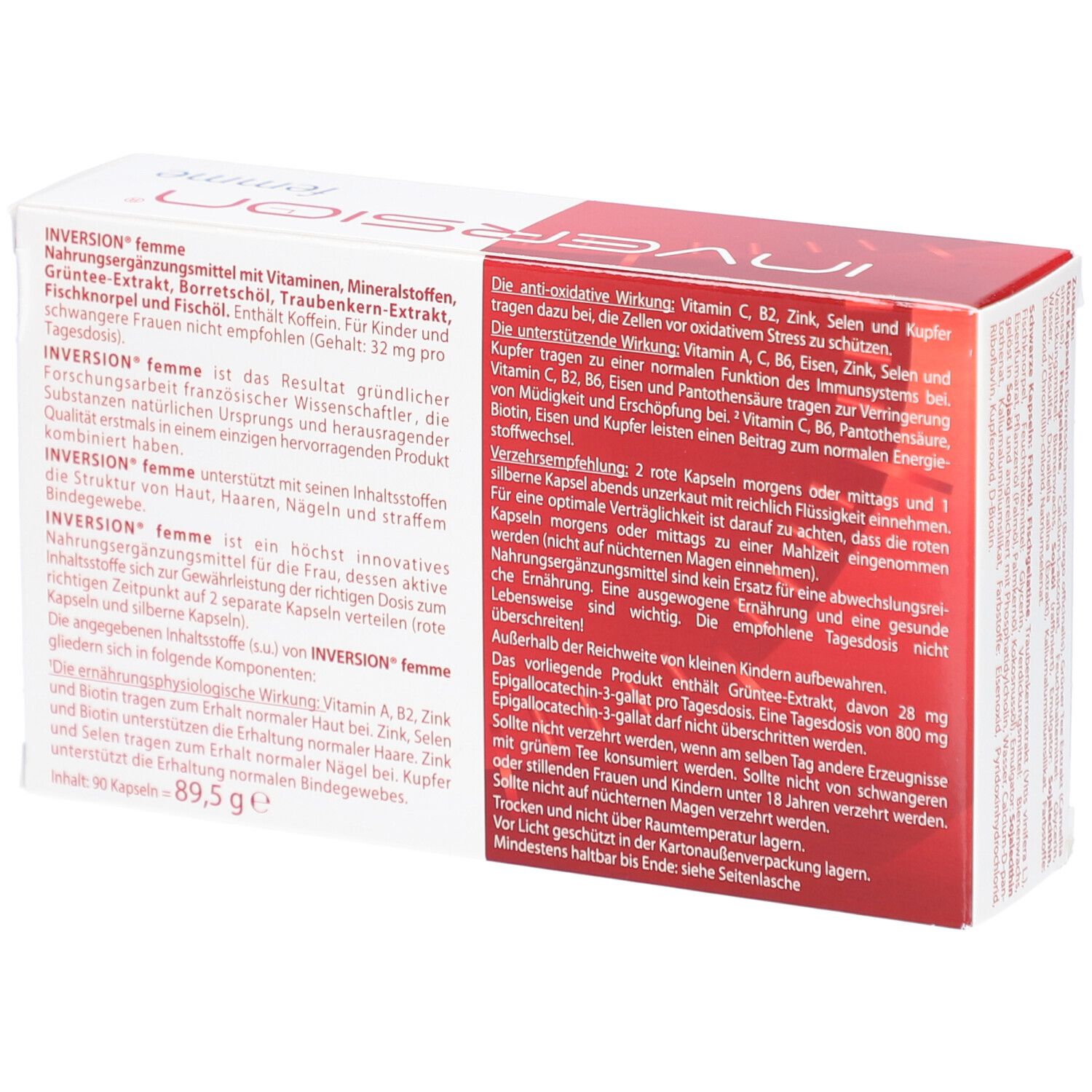 Verpackung INVERSION® femme. Rückseite mit Produktinformationen und Inhaltsstoffen. Enthält 90 Kapseln.