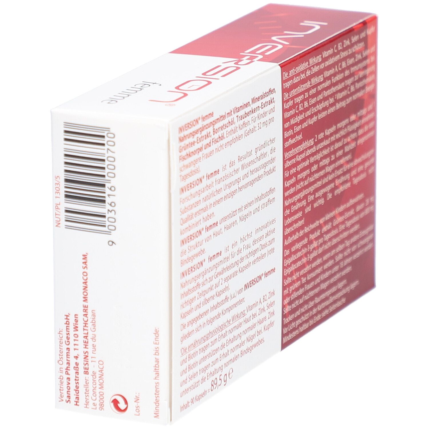 Verpackung INVERSION® femme. Seitenansicht mit Produktinformationen und Herstelleradresse. 90 Kapseln.
