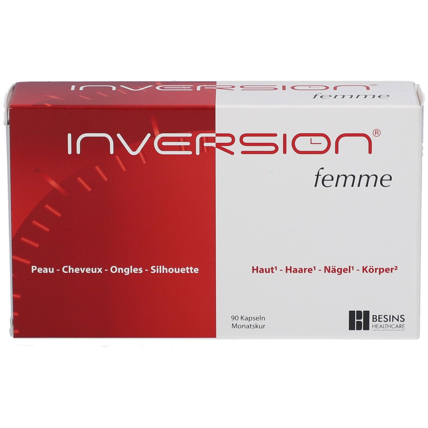 Schachtel INVERSION® femme. Rot-weiße Verpackung mit Produktnamen und Logo. Enthält 90 Kapseln.