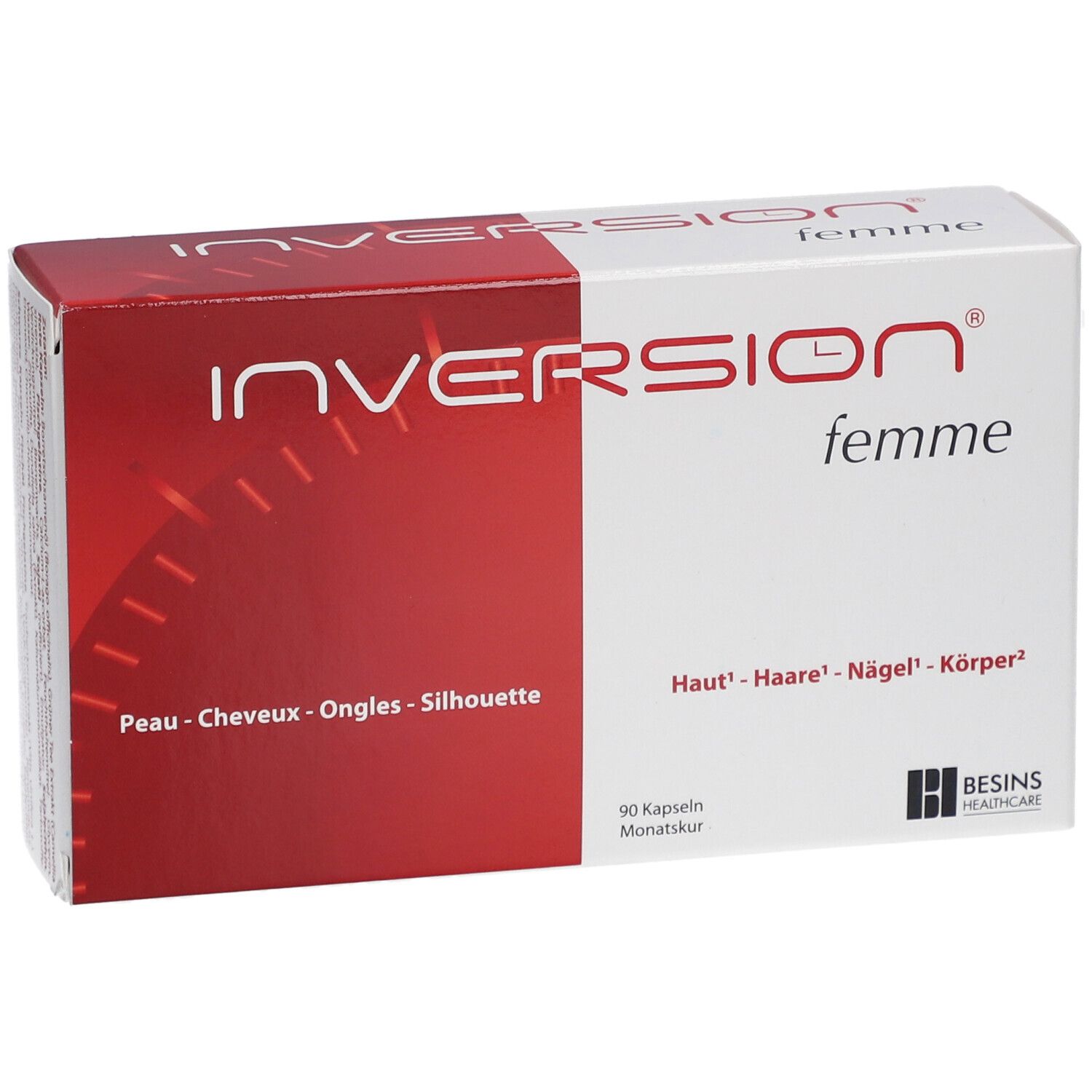 Schachtel INVERSION® femme. Rot-weiße Verpackung mit Produktnamen und Logo. Enthält 90 Kapseln.