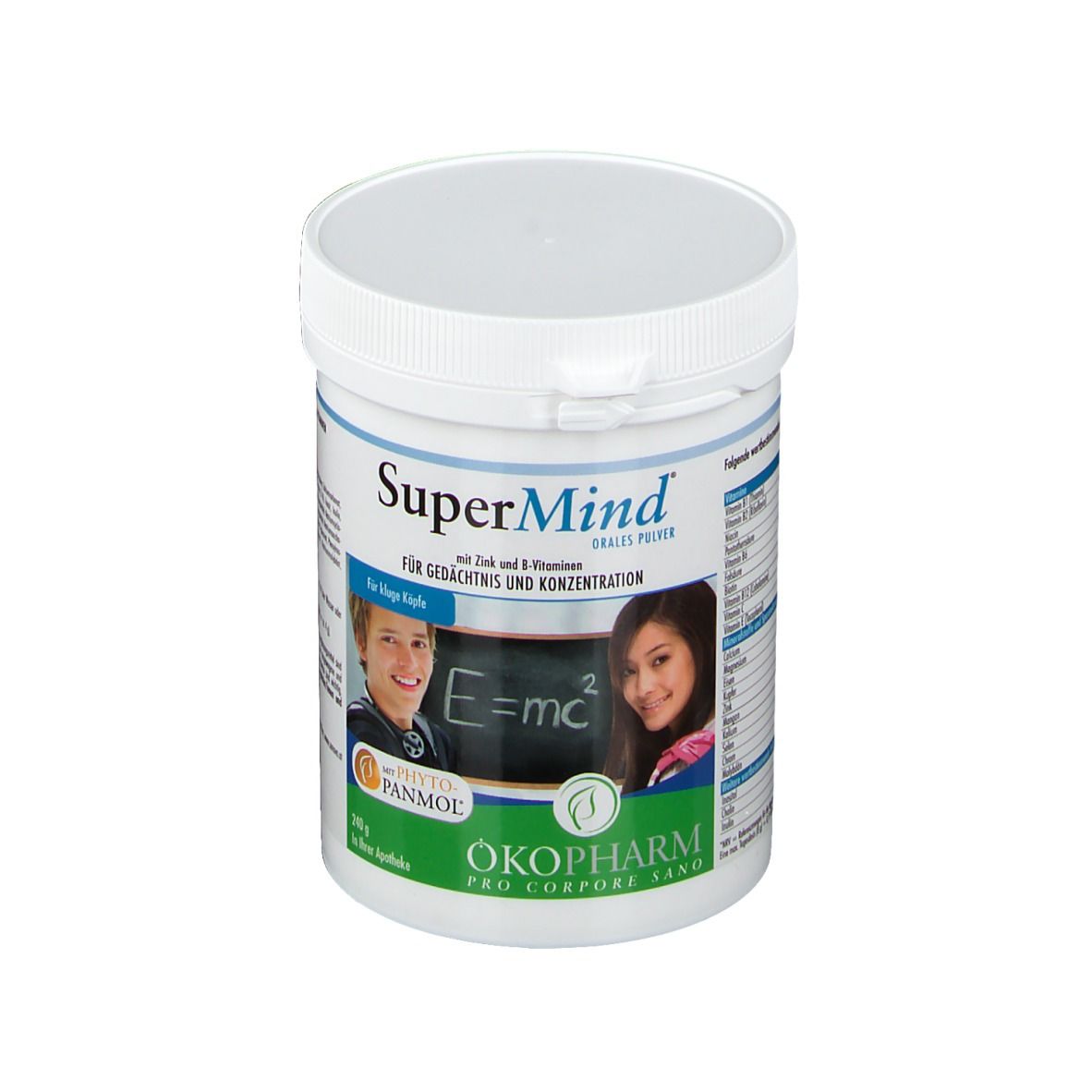 Weiße Dose SuperMind Orales Pulver. Aufschrift: Für Gedächtnis und Konzentration. Mit Zink & B-Vitaminen. Abbildung von zwei Jugendlichen.