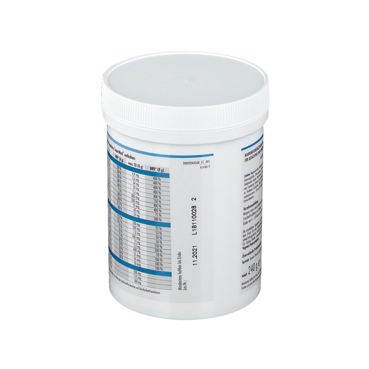 Weiße Dose SuperMind Orales Pulver. Rückseite mit Nährwerttabelle. Enthält Vitamine und Mineralstoffe. Deckel mit Verschluss.