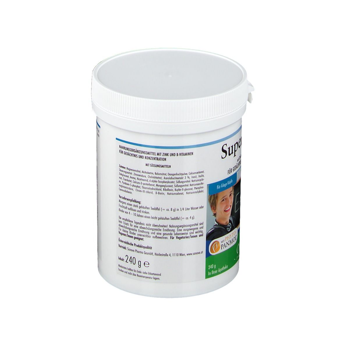 Weiße Dose SuperMind Orales Pulver. Aufschrift: Für Gedächtnis und Konzentration. Mit Zink & B-Vitaminen. 240g.
