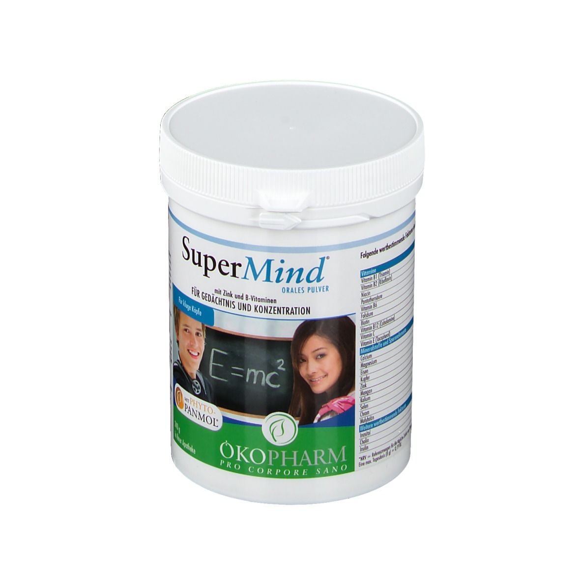 Weiße Dose SuperMind Orales Pulver. Aufschrift: Für Gedächtnis und Konzentration. Mit Zink & B-Vitaminen. Abbildung von zwei Jugendlichen.