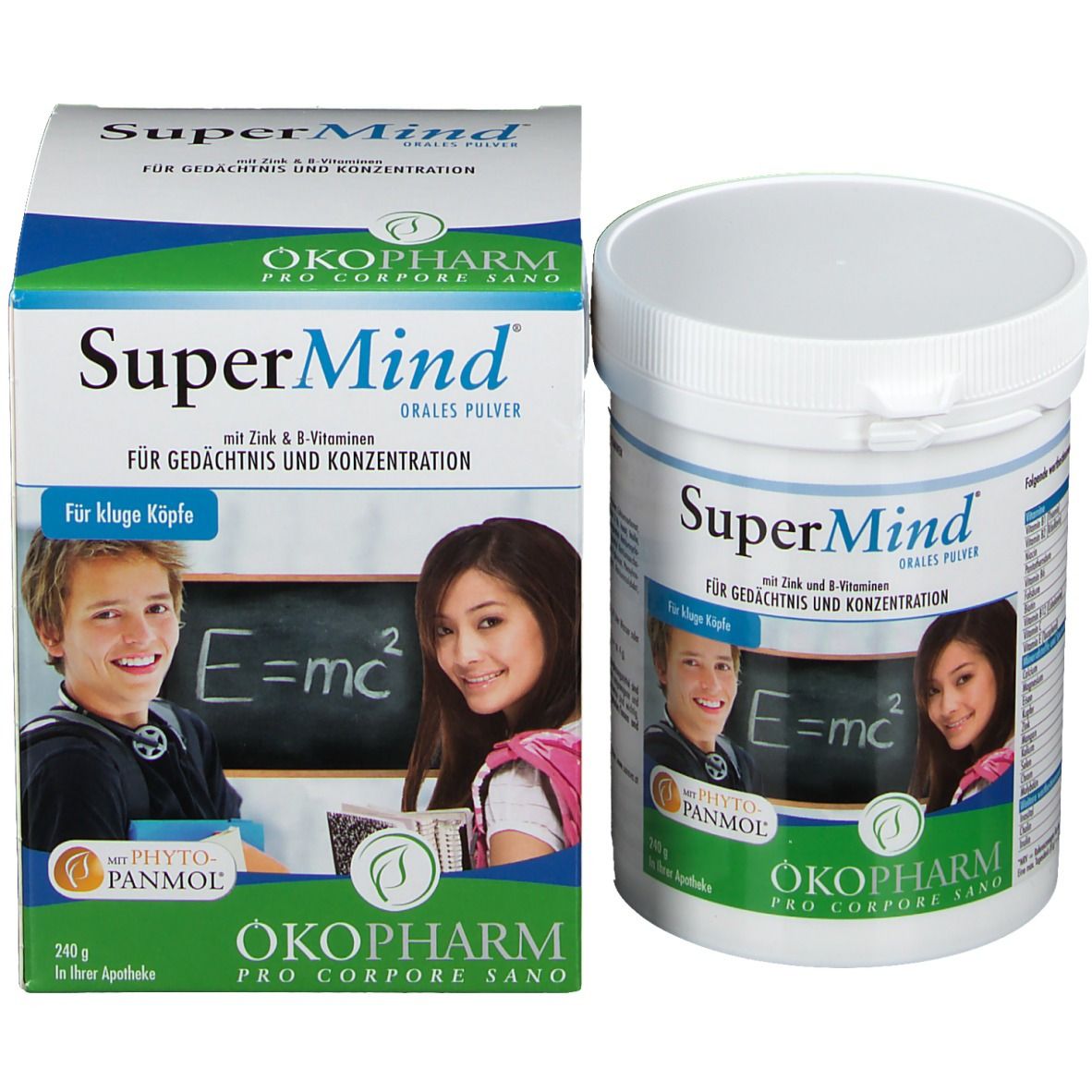 SuperMind Orales Pulver, Dose und Verpackung. Aufschrift: Für Gedächtnis und Konzentration. Mit Zink & B-Vitaminen. Abbildung von zwei Jugendlichen.