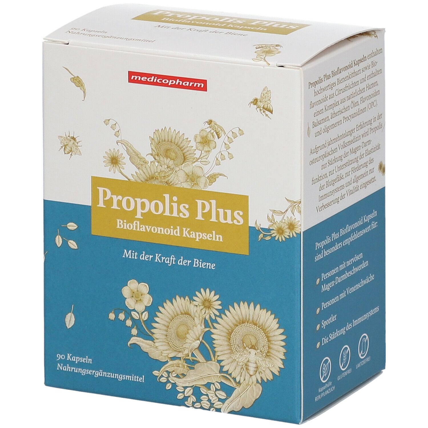 Karton mit "Propolis Plus Bioflavonoid Kapseln". 90 Kapseln. Marke: medicopharm.