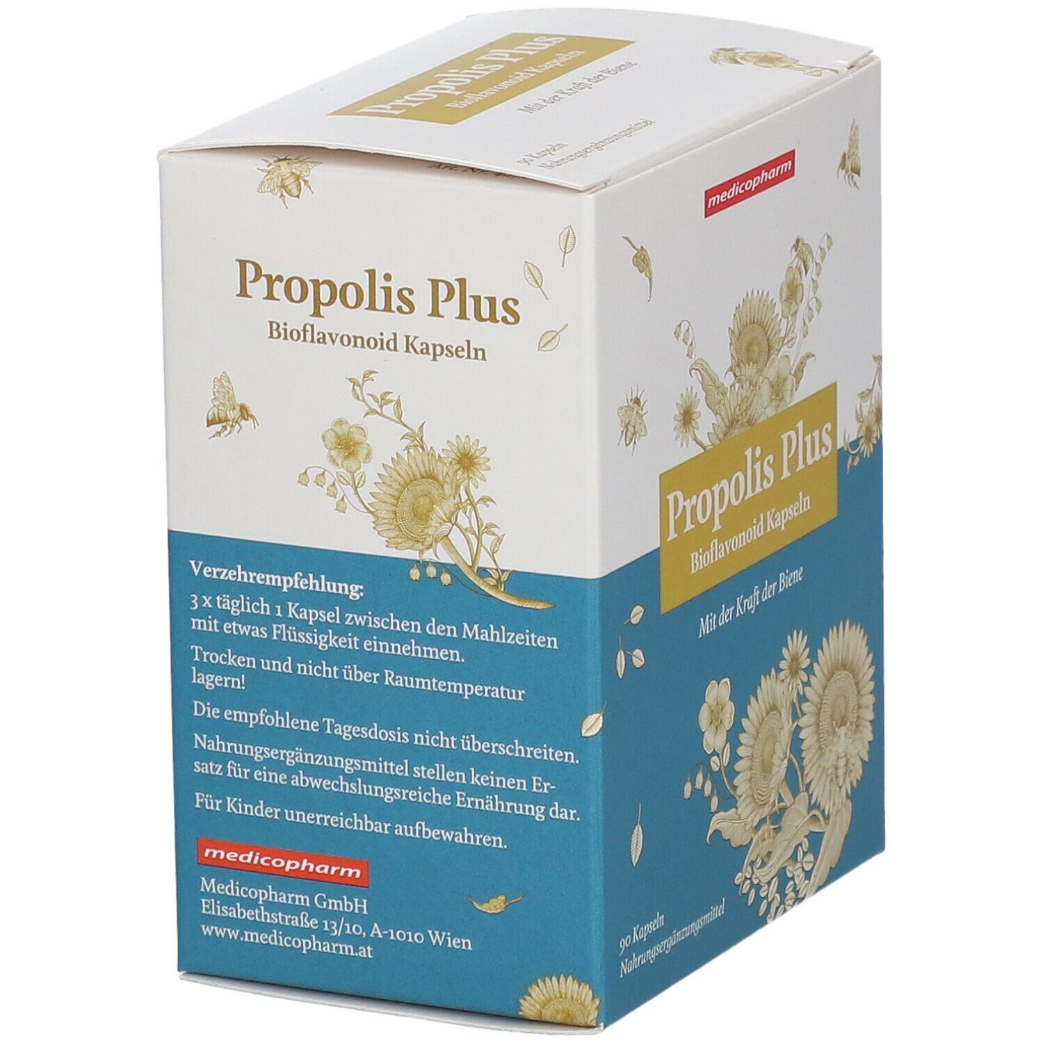 Karton "Propolis Plus Bioflavonoid Kapseln". Marke: medicopharm. Text: Verzehrempfehlung.