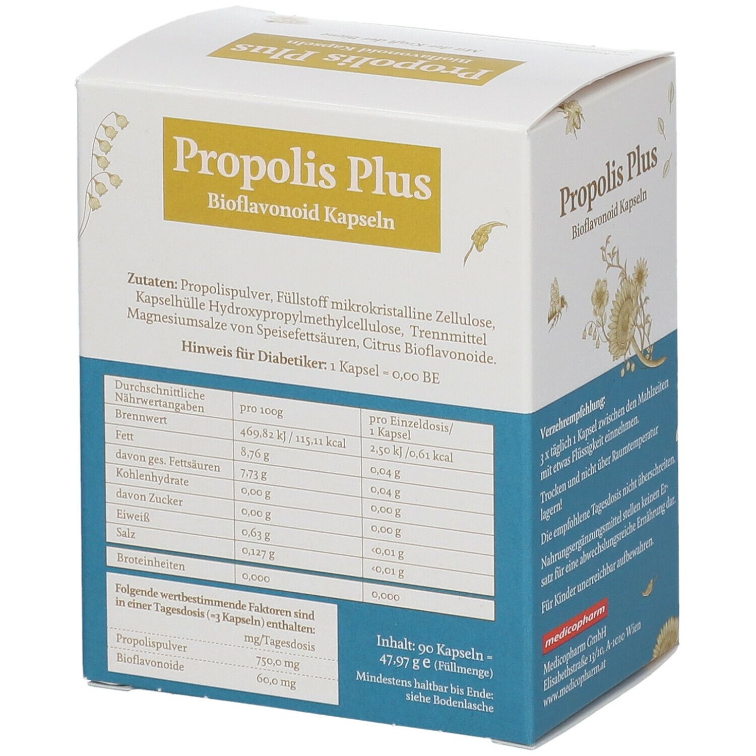 Rückseite der "Propolis Plus"-Kapsel-Box. Zutaten, Nährwerte und Inhaltsstoffe sind aufgelistet.