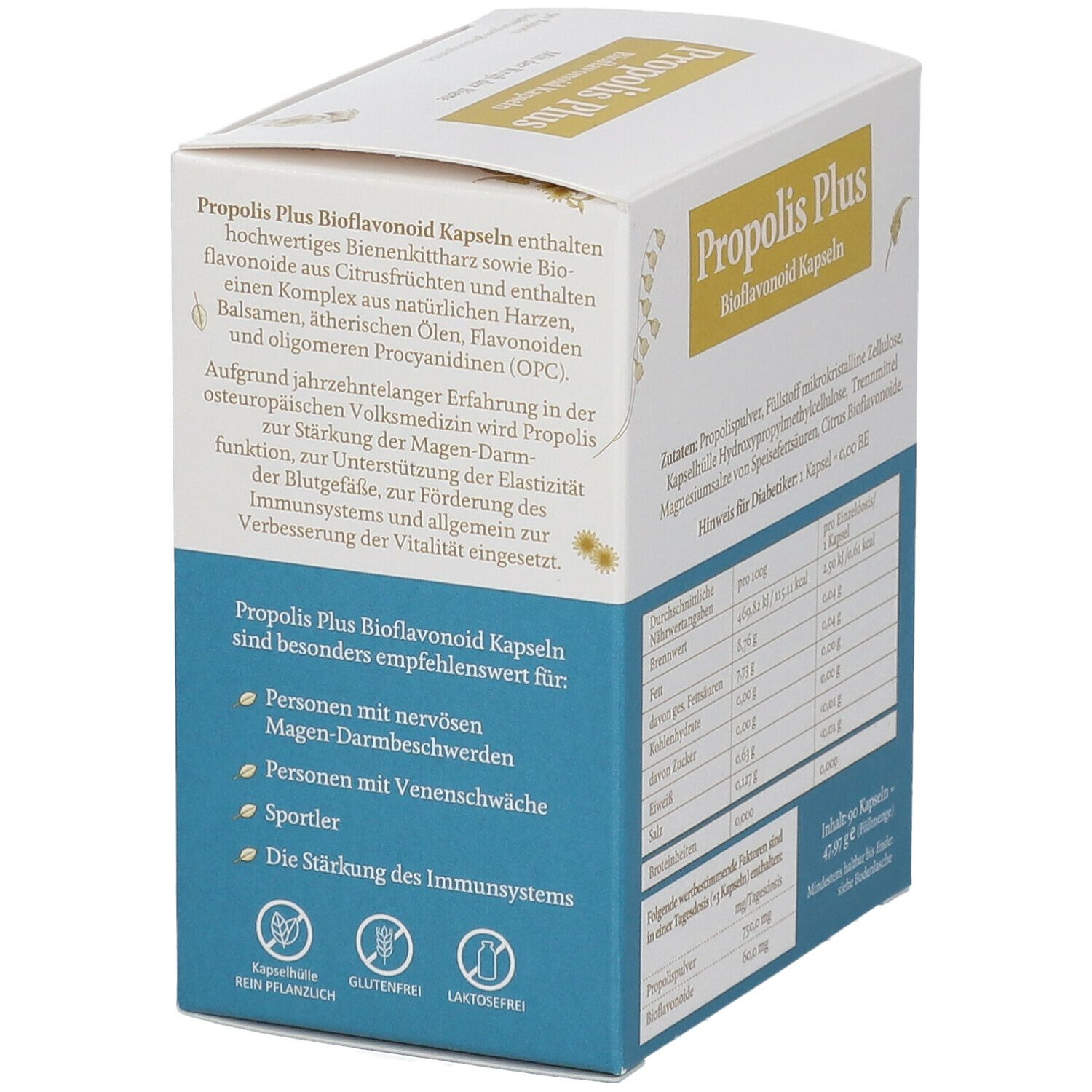Box "Propolis Plus Bioflavonoid Kapseln". Text: Empfehlenswert für Personen mit... Glutenfrei, laktosefrei.