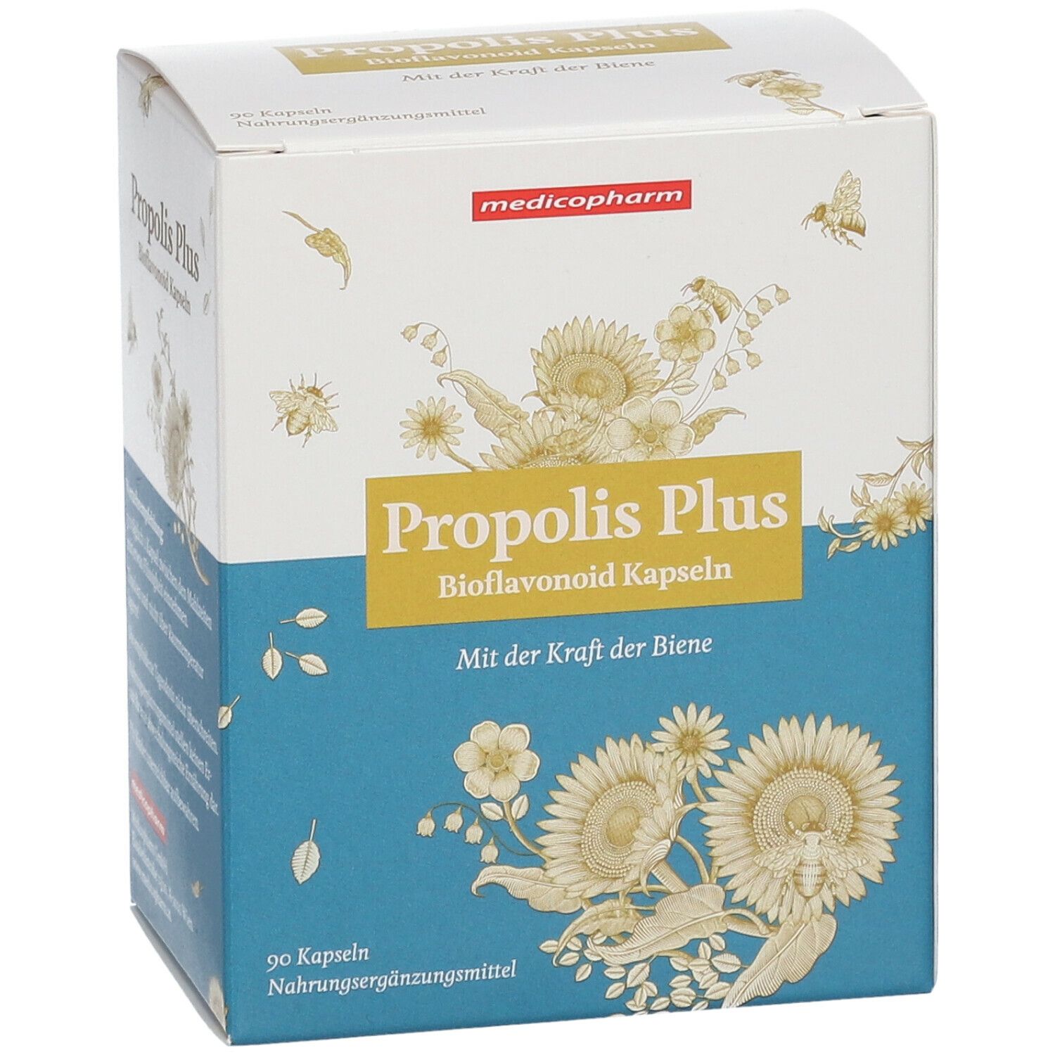 Karton "Propolis Plus Bioflavonoid Kapseln". 90 Kapseln. Marke: medicopharm.