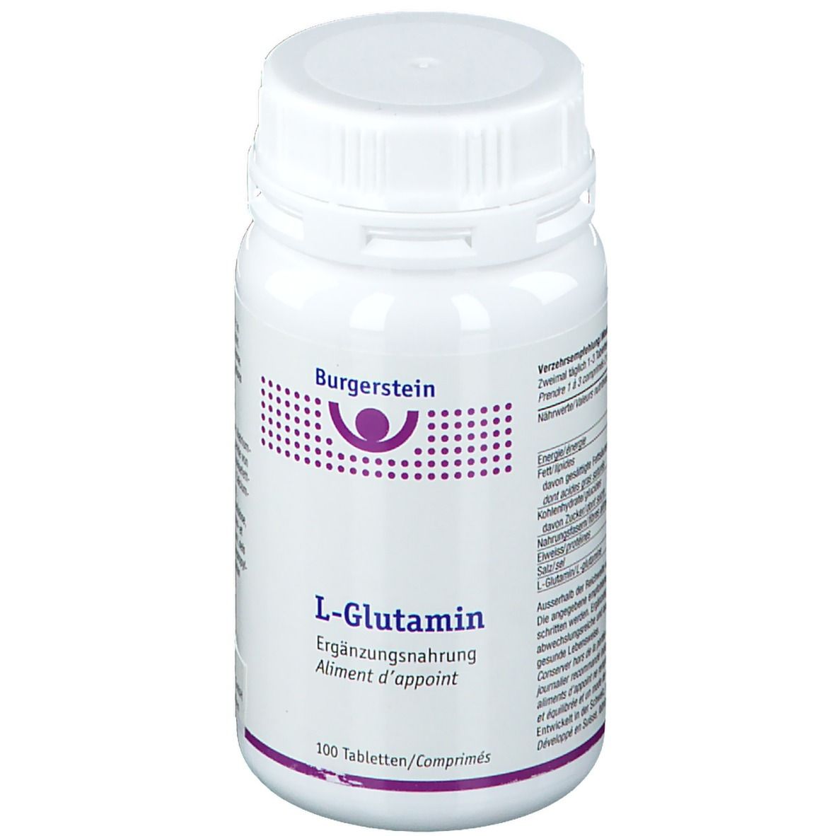 Weiße Tablettenflasche mit Schraubverschluss. Aufschrift: Burgerstein, L-Glutamin, 100 Tabletten.