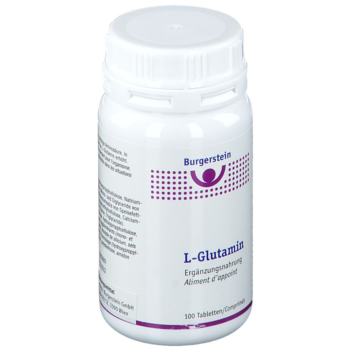 Weiße Tablettenflasche mit Schraubverschluss. Aufschrift: Burgerstein, L-Glutamin, 100 Tabletten. Vegan-Logo.
