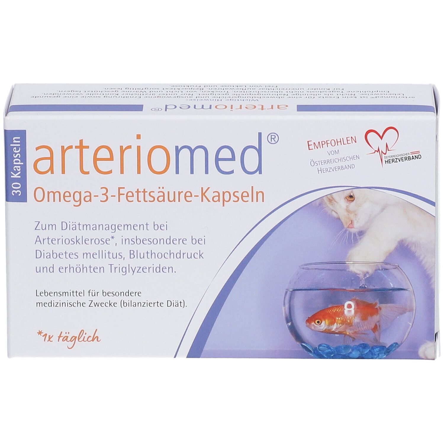 Schachtel arteriomed® Omega-3-Fettsäure-Kapseln. 30 Kapseln. Mit Herzverband-Logo. Katze und Fisch im Aquarium.