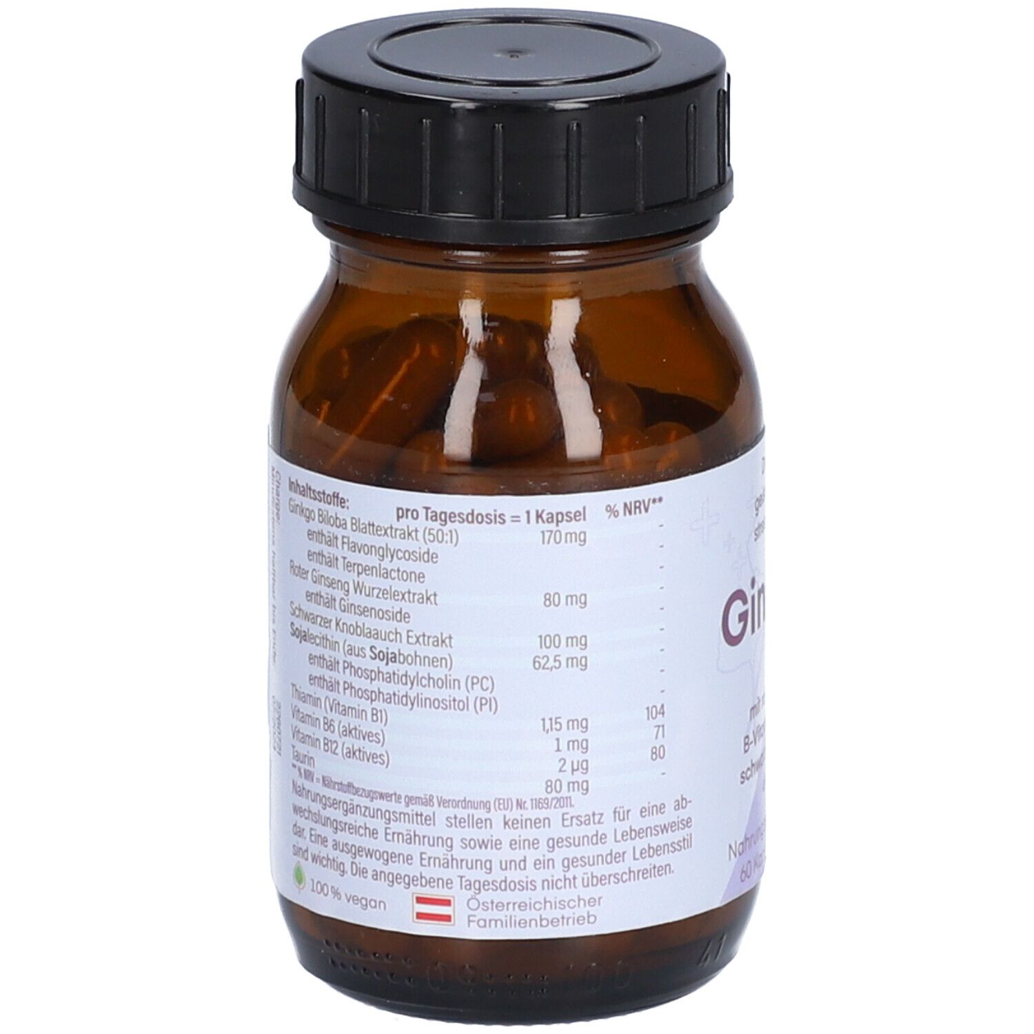 Rückseite der braunen Glasflasche mit Inhaltsstoffangaben. Enthält Ginkgo Biloba, Ginseng, Vitamine. 100% vegan.