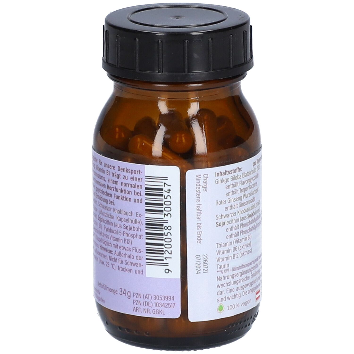Rückseite der braunen Glasflasche mit Inhaltsstoffen und Chargennummer. 34g, PZN, Mindesthaltbarkeitsdatum.