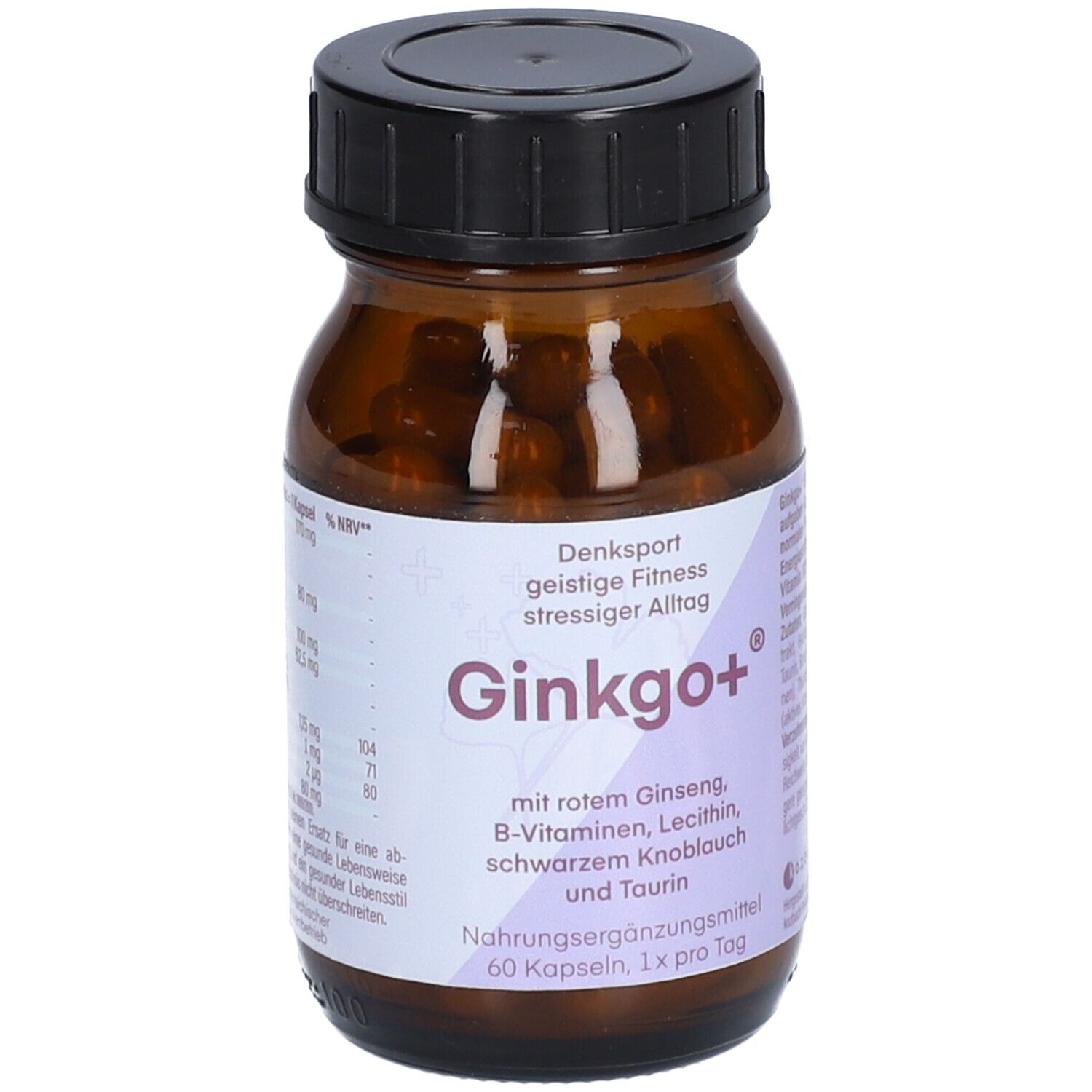 Braune Glasflasche mit schwarzen Kapseln. Aufschrift: Ginkgo+ mit Inhaltsstoffen. 60 Kapseln, 1x pro Tag.