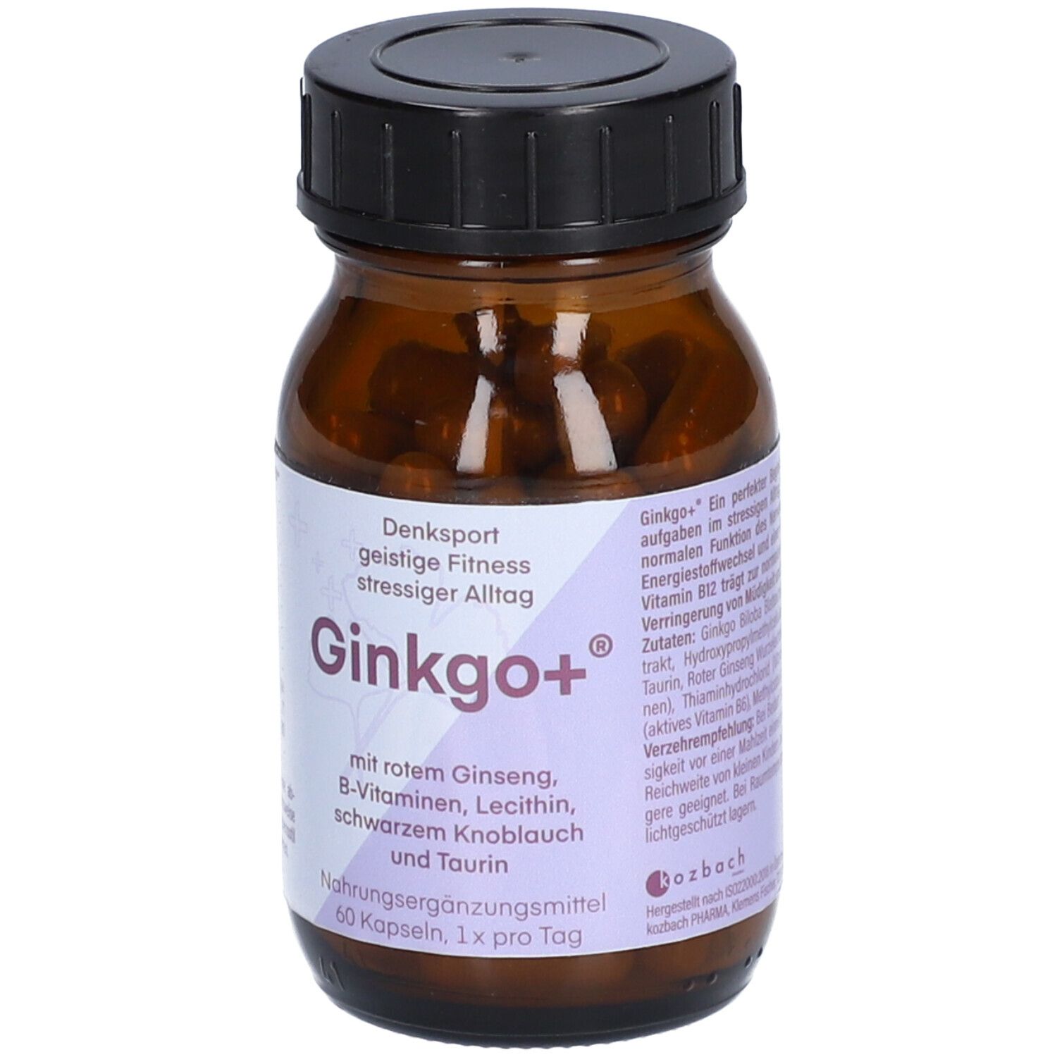 Braune Glasflasche mit schwarzen Kapseln. Aufschrift: Ginkgo+ mit Inhaltsstoffen. 60 Kapseln, 1x pro Tag.