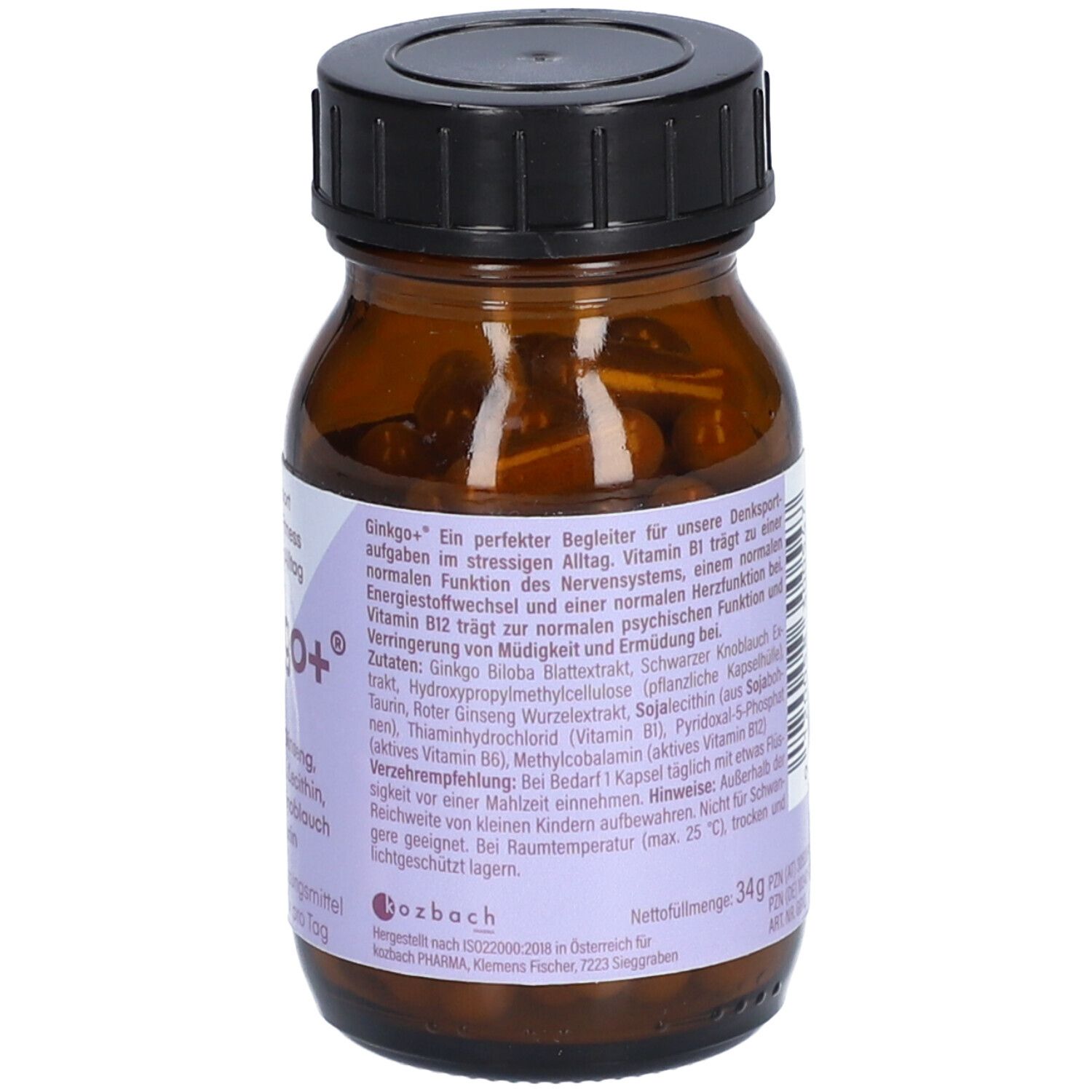 Rückseite der braunen Glasflasche mit Inhaltsstoffen und Chargennummer. 34g, PZN, Mindesthaltbarkeitsdatum.
