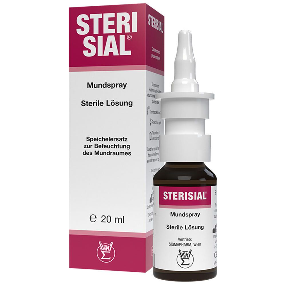 STERISIAL® Mundspray und Verpackung. Braune Glasflasche mit weißem Sprühkopf. Rote und weiße Verpackung mit Produktinformationen.